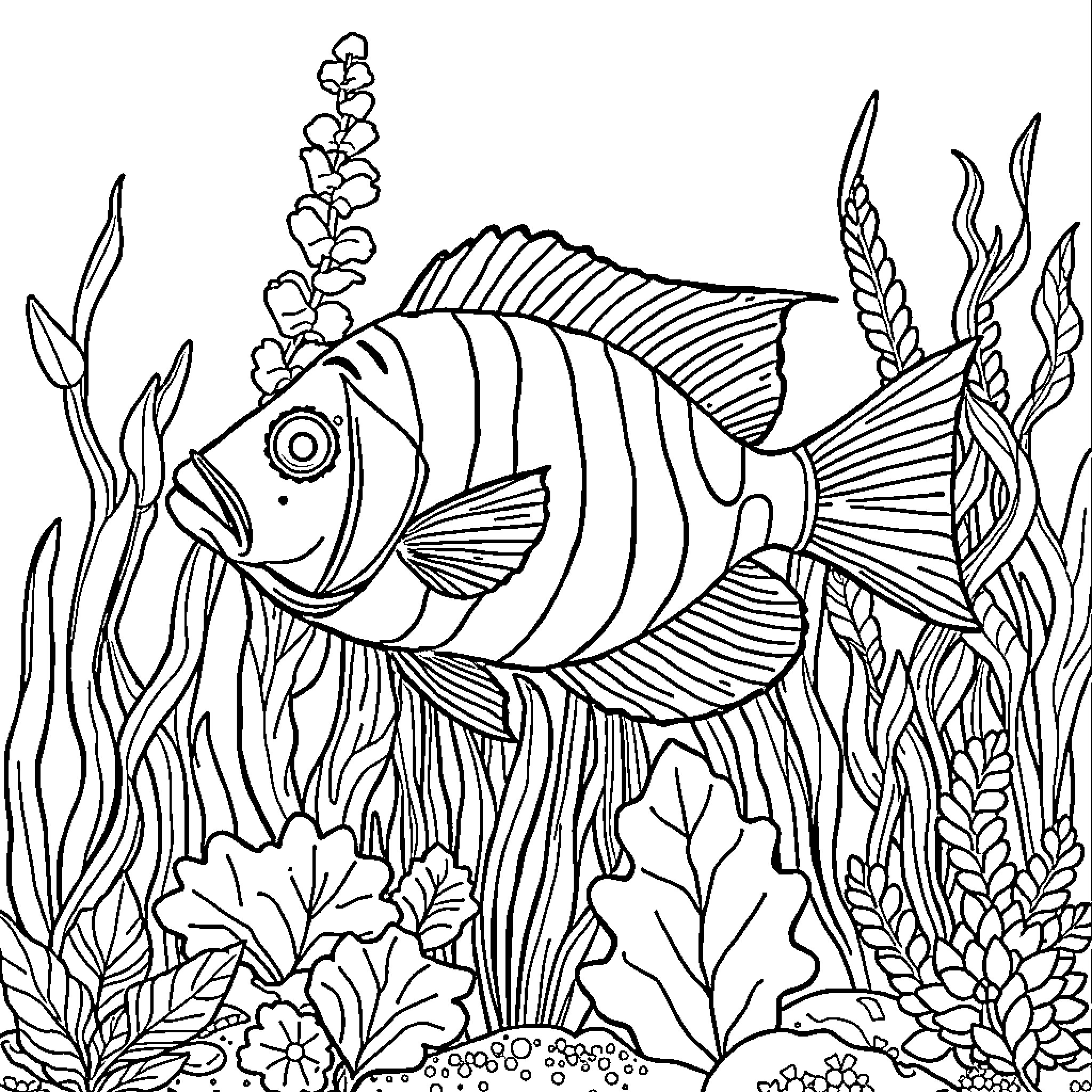 Angelfish swimming amidst underwater vegetation Coloring Page (free black-and-white line drawing printable PDF for all, from beginners to advanced learners, including children, teens, adults, and seniors)