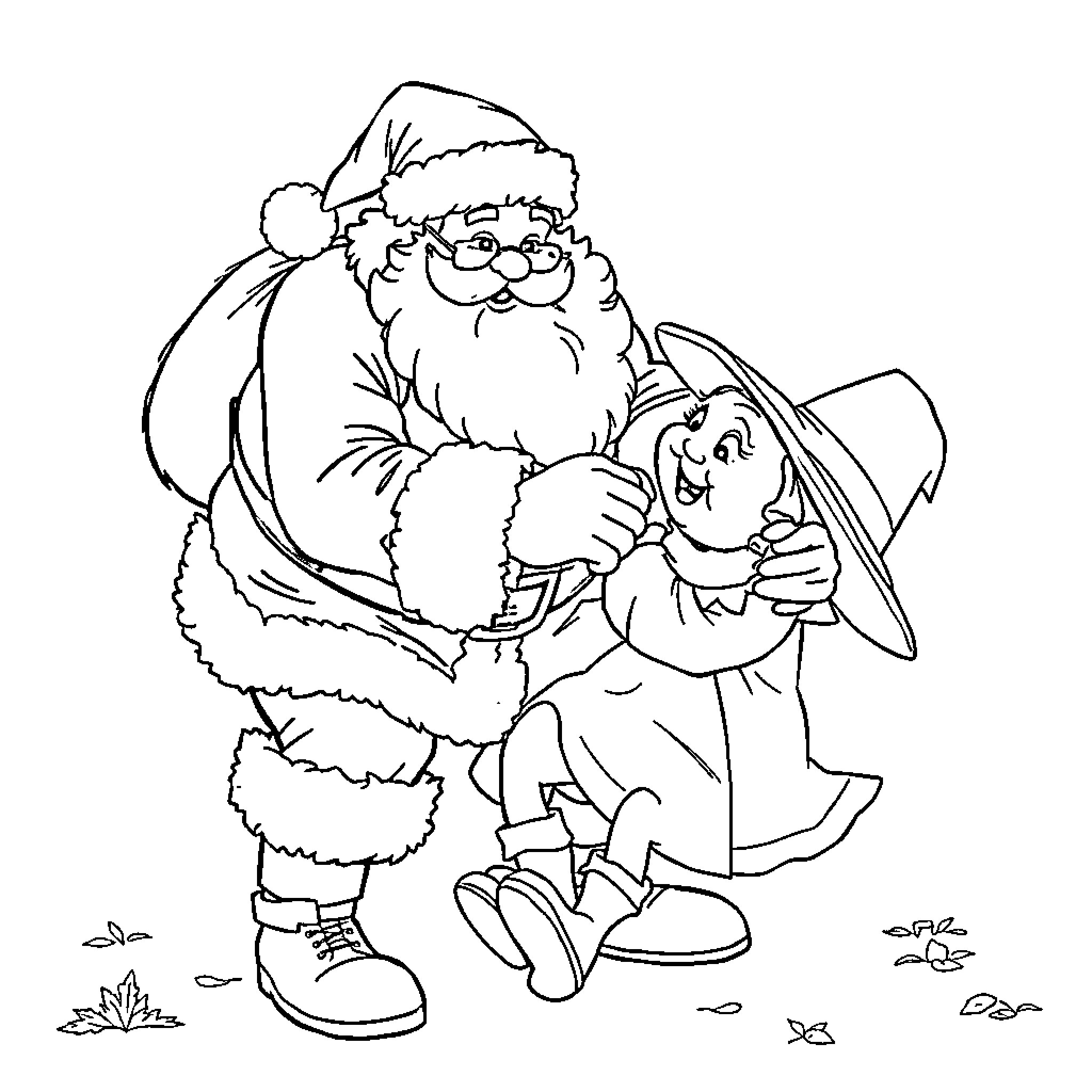 Santa with a happy elf in a festive scene Coloring Page (free black-and-white line drawing printable PDF for all, from beginners to advanced learners, including children, teens, adults, and seniors)