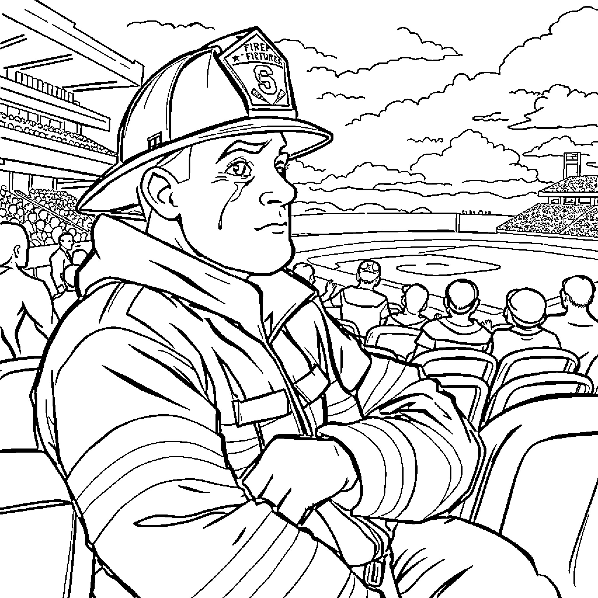 Firefighter observing a sporting event from the stands Coloring Page (free black-and-white line drawing printable PDF for all, from beginners to advanced learners, including children, teens, adults, and seniors)