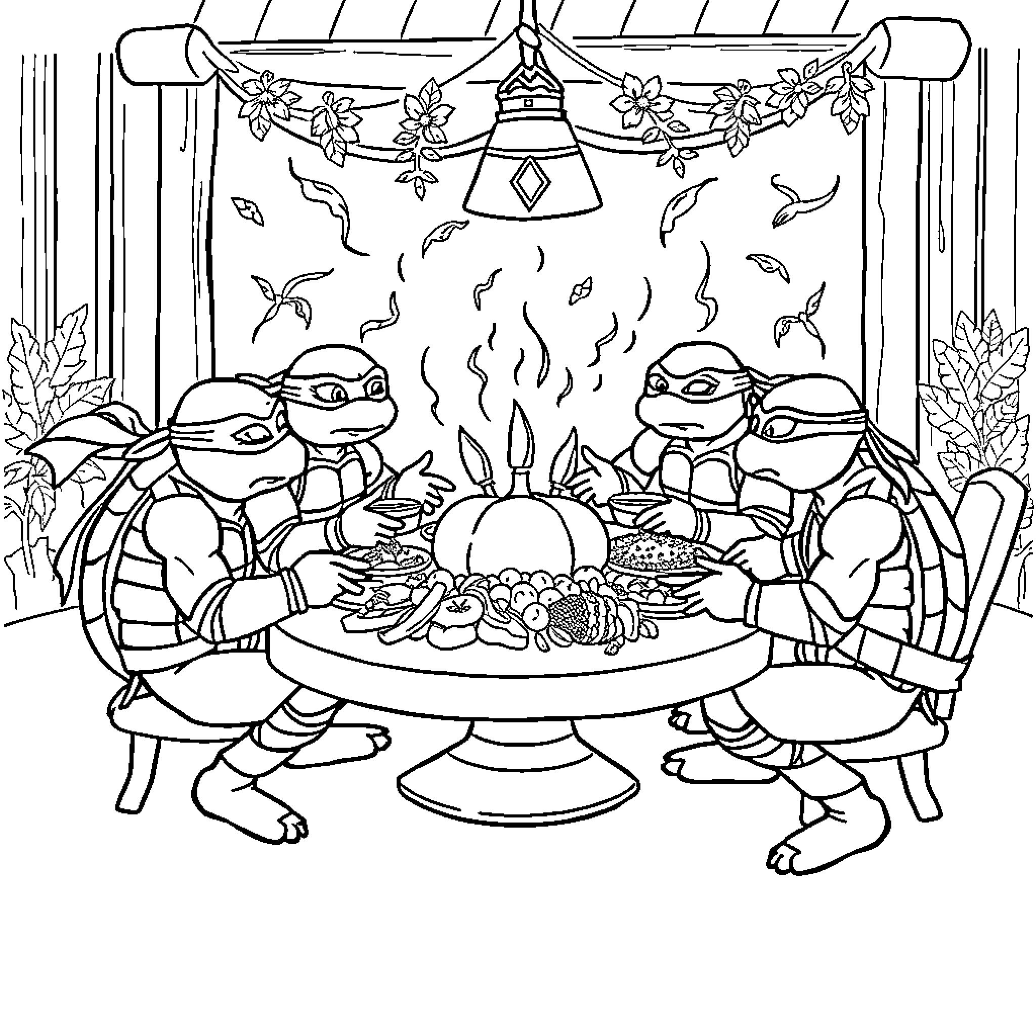 Ninja Turtle friends enjoying a festive feast Coloring Page (free black-and-white line drawing printable PDF for all, from beginners to advanced learners, including children, teens, adults, and seniors)