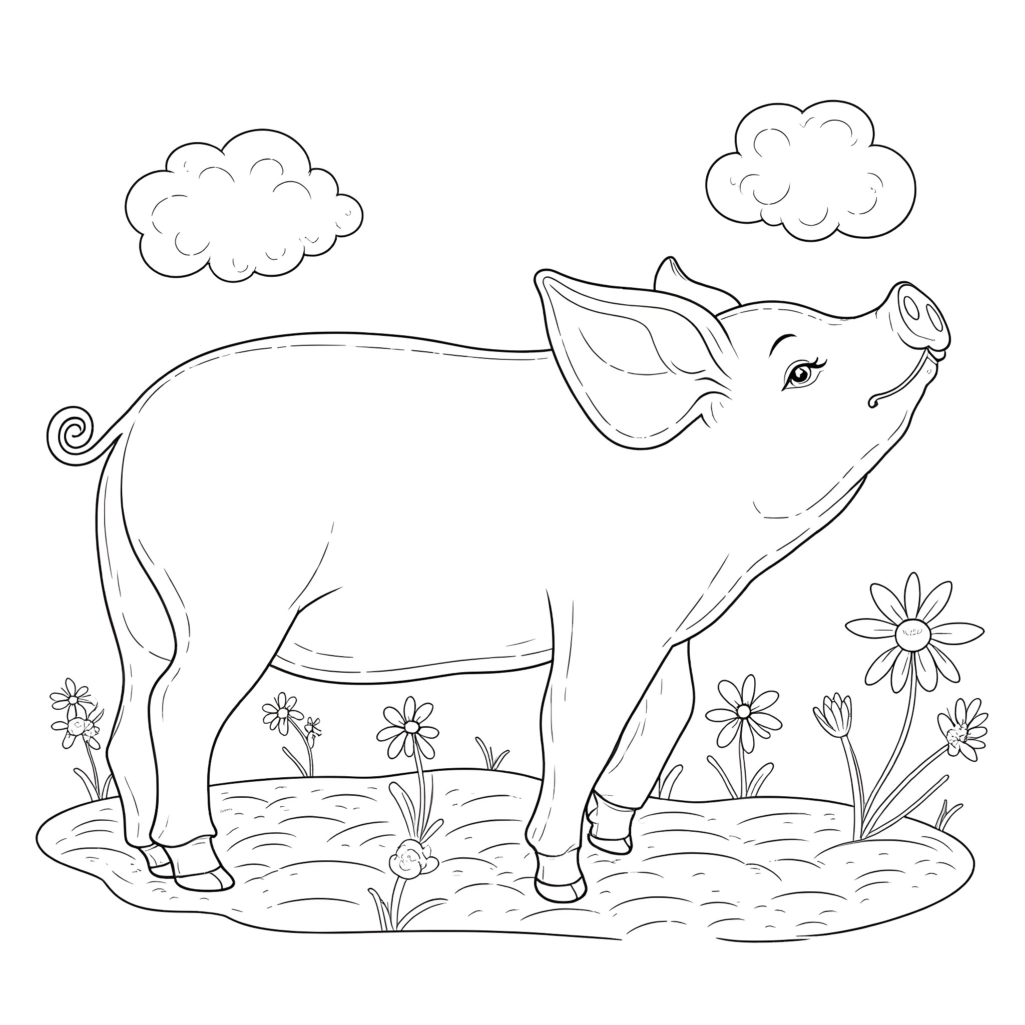 Flying Pig soaring through the sky with flowers Coloring Page (free black-and-white line drawing printable PDF for all, from beginners to advanced learners, including children, teens, adults, and seniors)