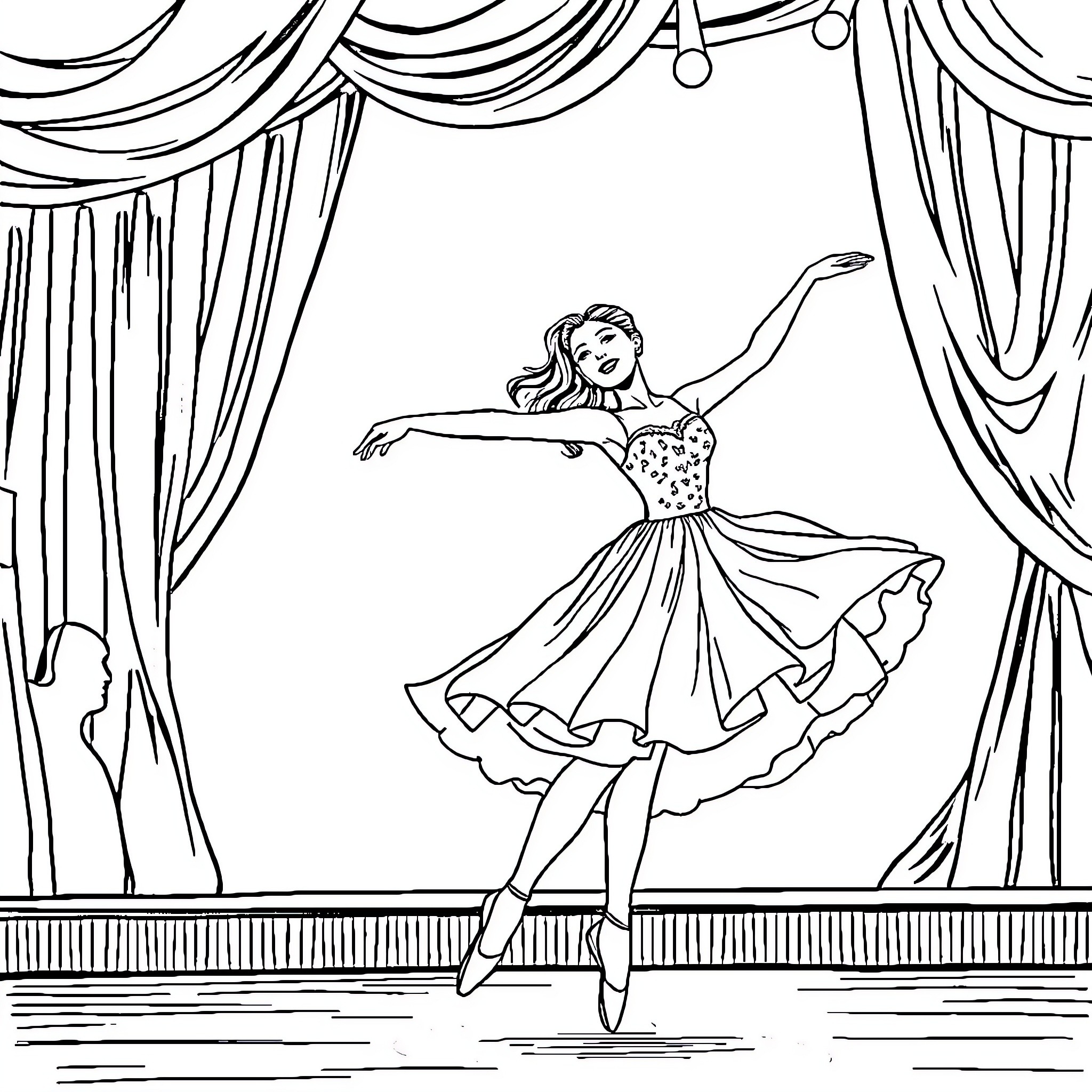 Ballerina Performing on Stage with Flowing Dress Coloring Page (free black-and-white line drawing printable PDF for all, from beginners to advanced learners, including children, teens, adults, and seniors)