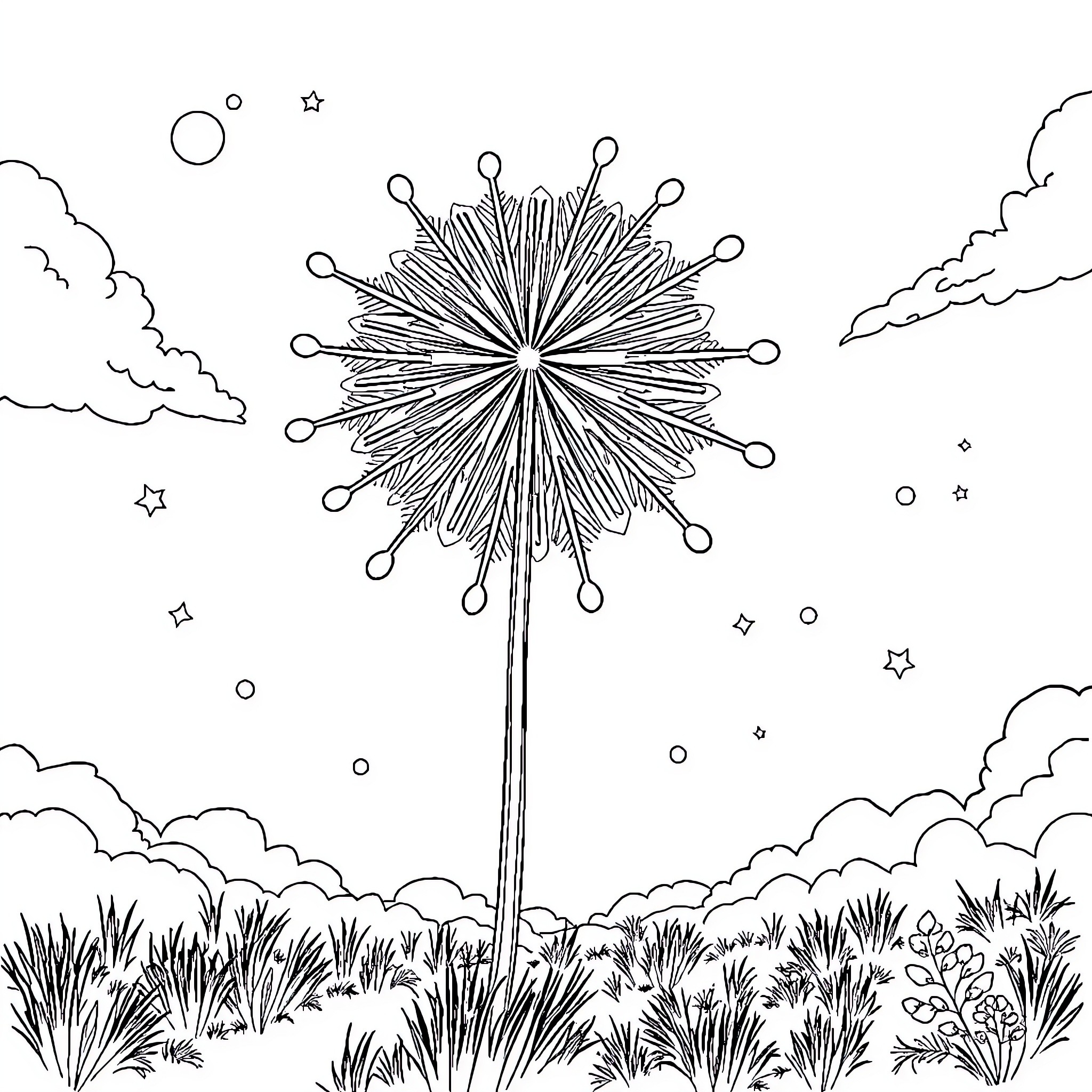Spider-like flower blooming in nature Coloring Page (free black-and-white line drawing printable PDF for all, from beginners to advanced learners, including children, teens, adults, and seniors)