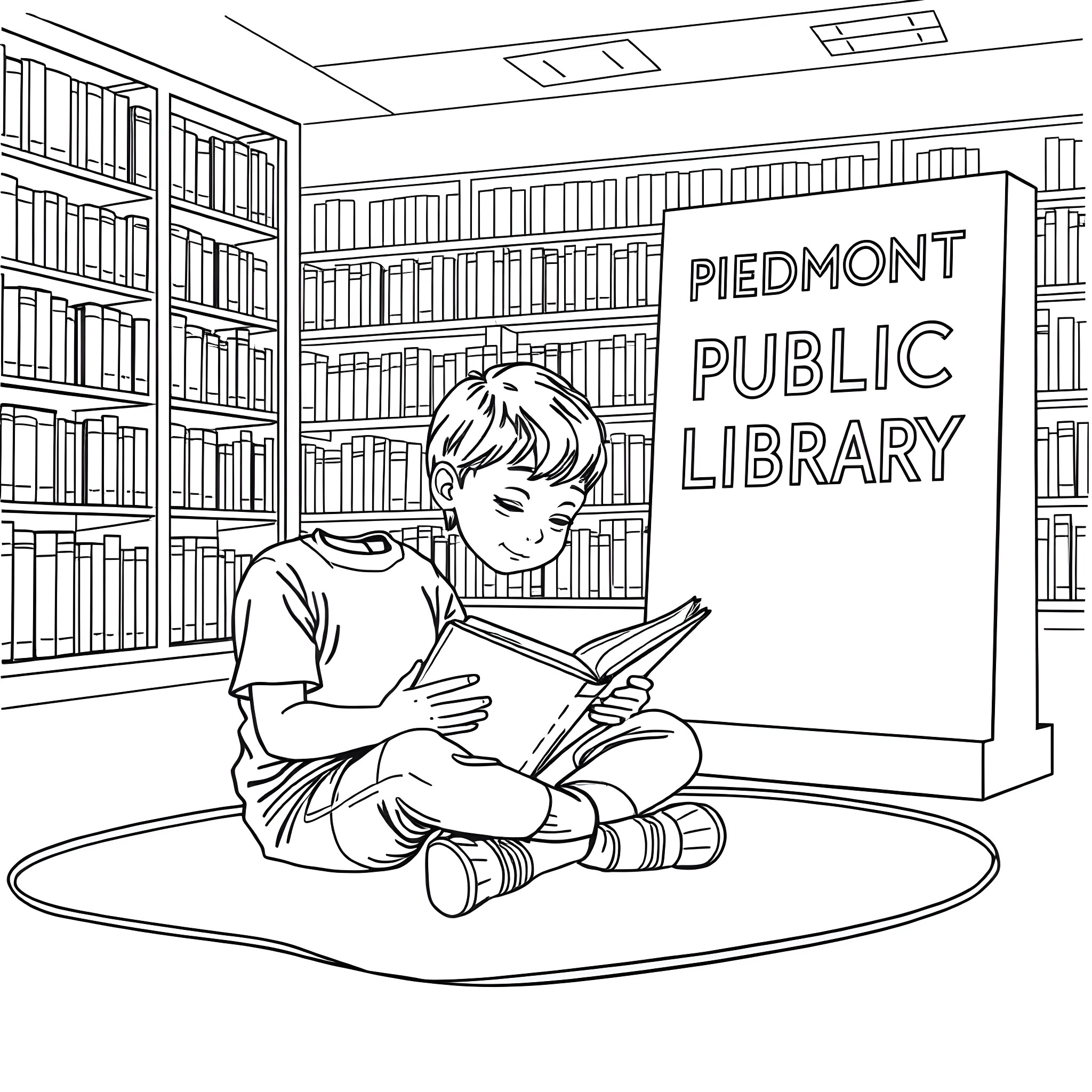 Boy reading book in library Coloring Page (free black-and-white line drawing printable PDF for all, from beginners to advanced learners, including children, teens, adults, and seniors)
