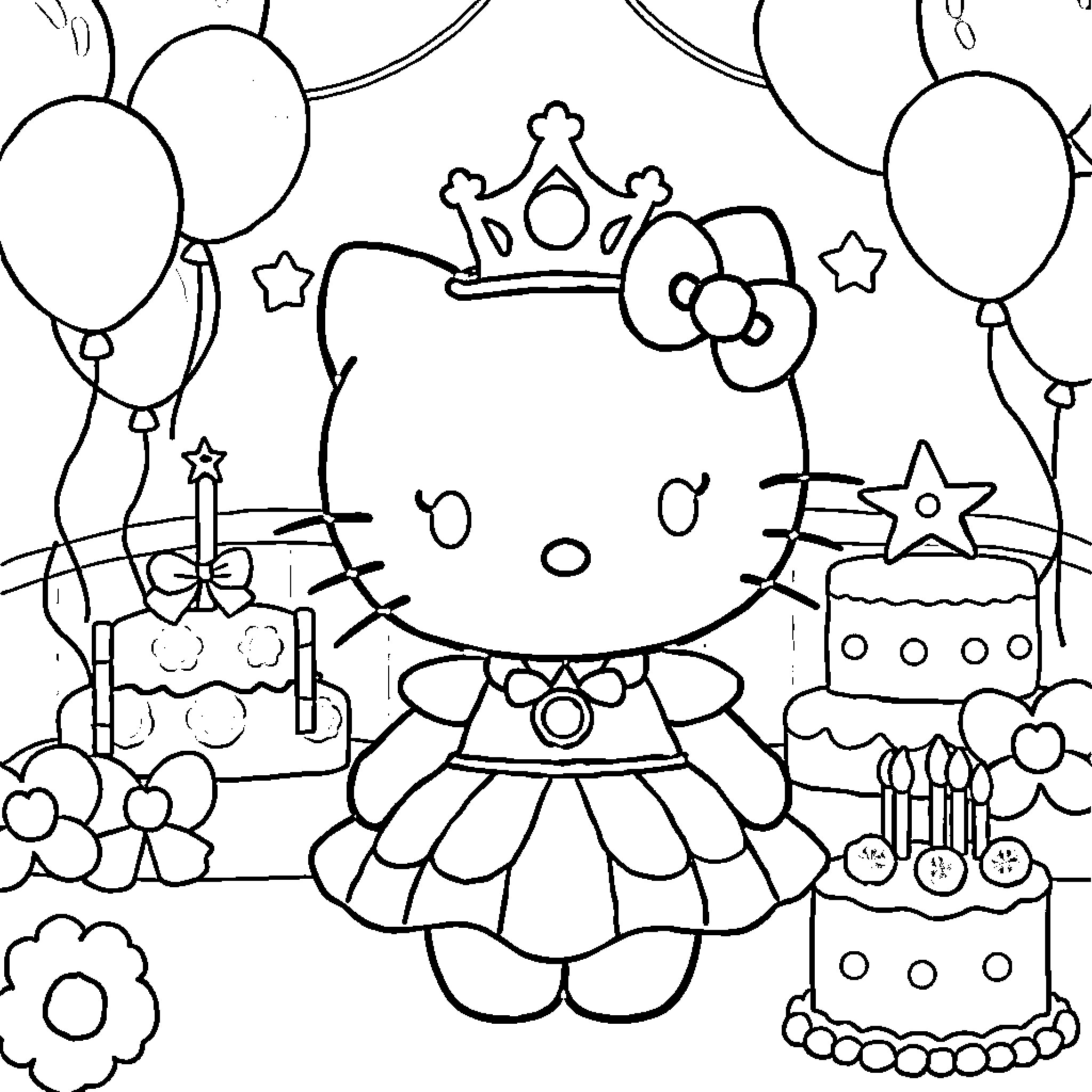 Hello Kitty celebrating with balloons and cake Coloring Page (free black-and-white line drawing printable PDF for all, from beginners to advanced learners, including children, teens, adults, and seniors)