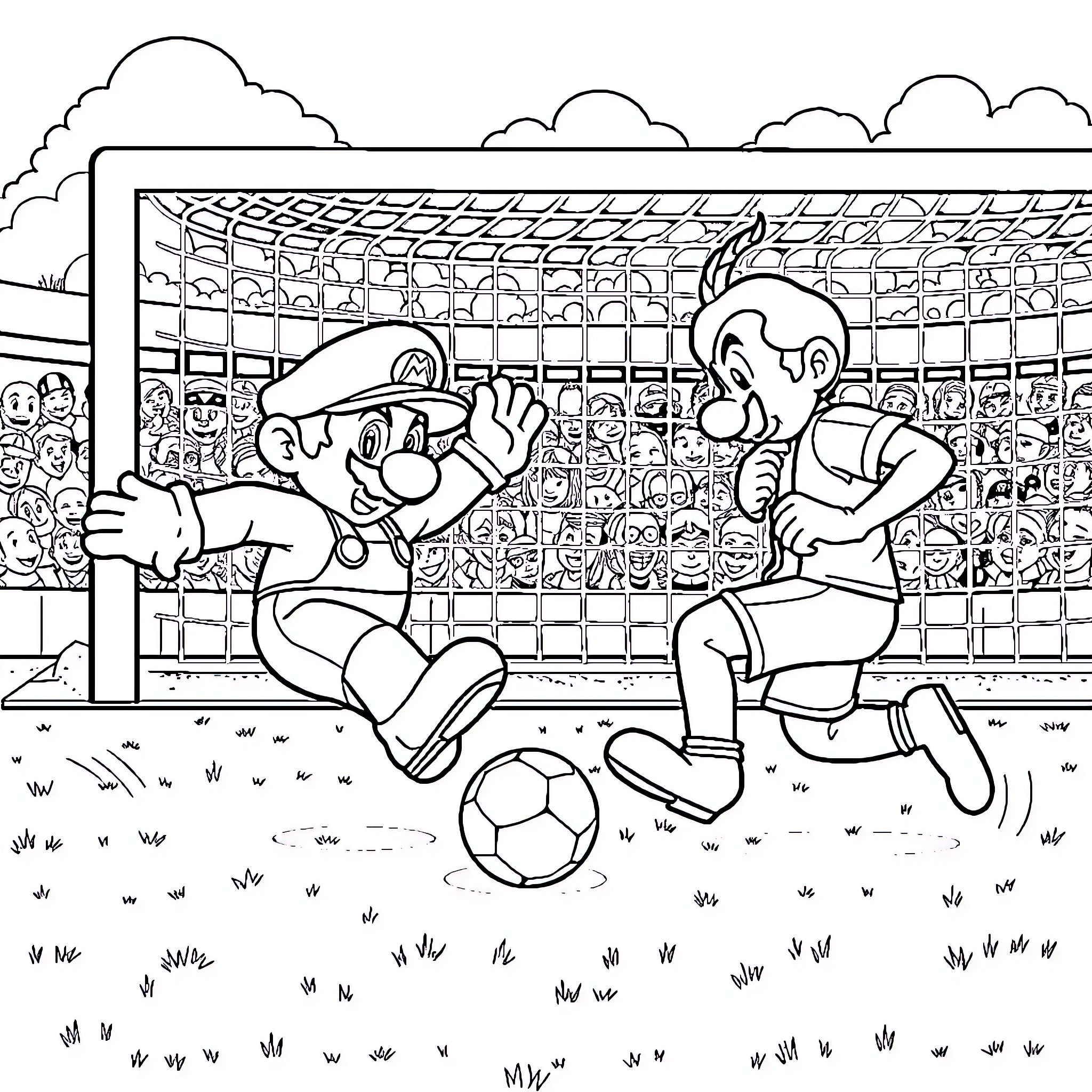 Super Mario Soccer Match on Field Coloring Page (free black-and-white line drawing printable PDF for all, from beginners to advanced learners, including children, teens, adults, and seniors)