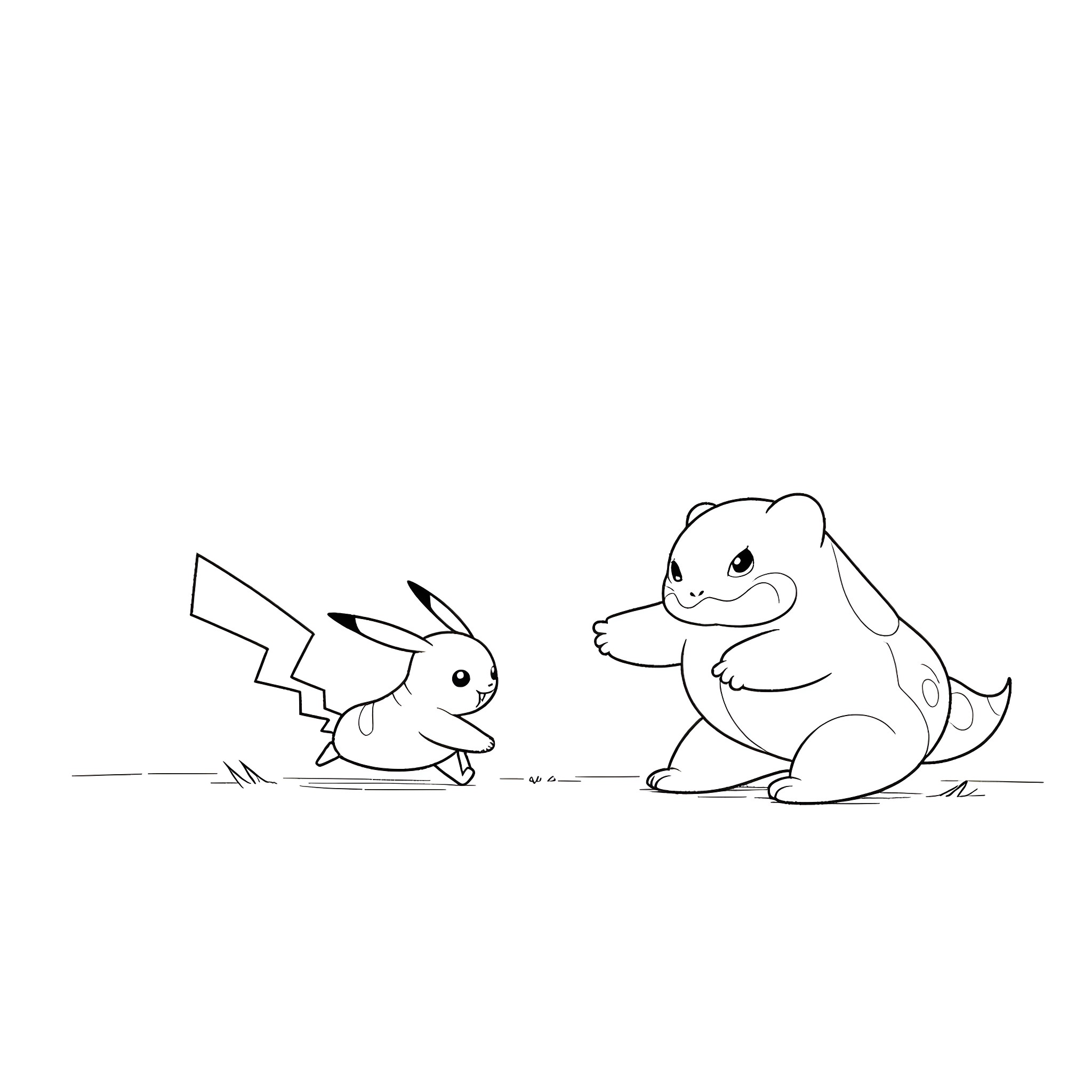 Pikachu and Snorlax playing in the field Coloring Page (free black-and-white line drawing printable PDF for all, from beginners to advanced learners, including children, teens, adults, and seniors)