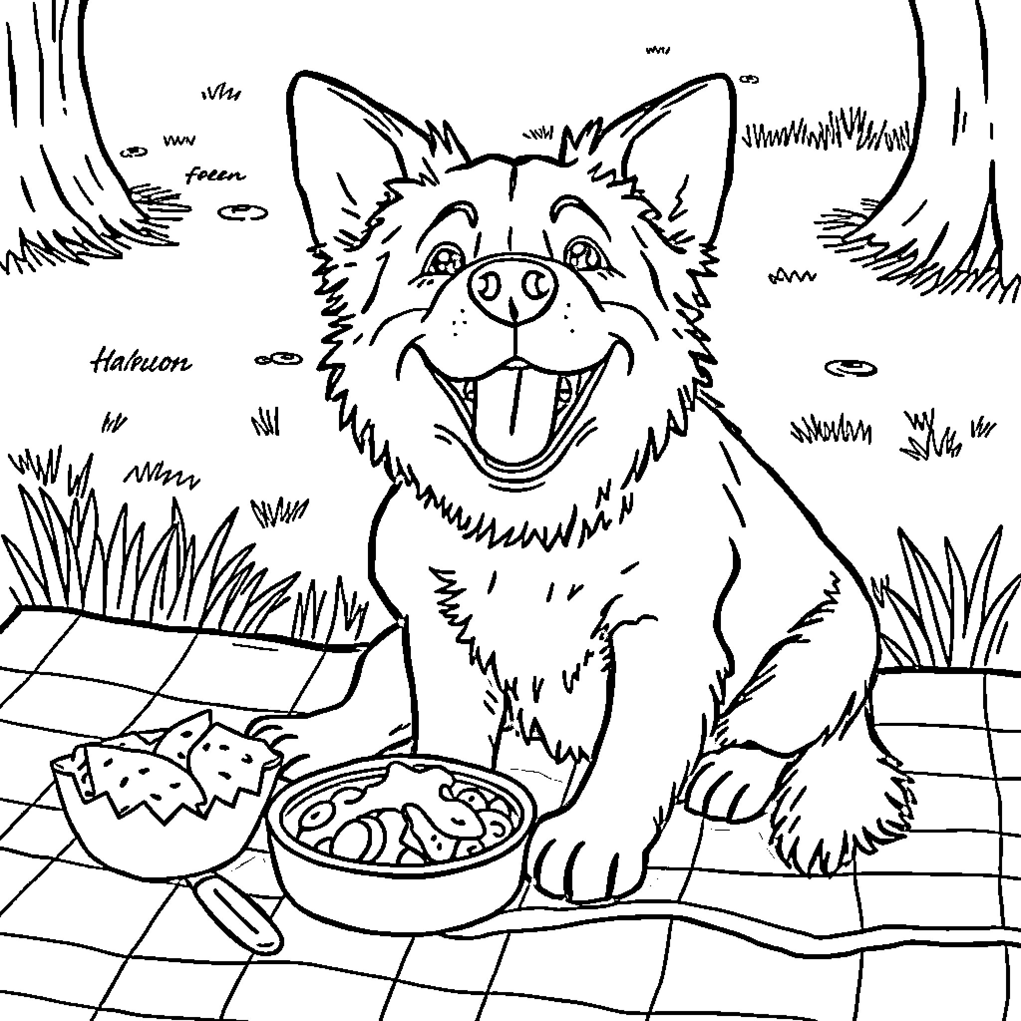 Dog enjoying a tasty meal in the outdoors Coloring Page (free black-and-white line drawing printable PDF for all, from beginners to advanced learners, including children, teens, adults, and seniors)