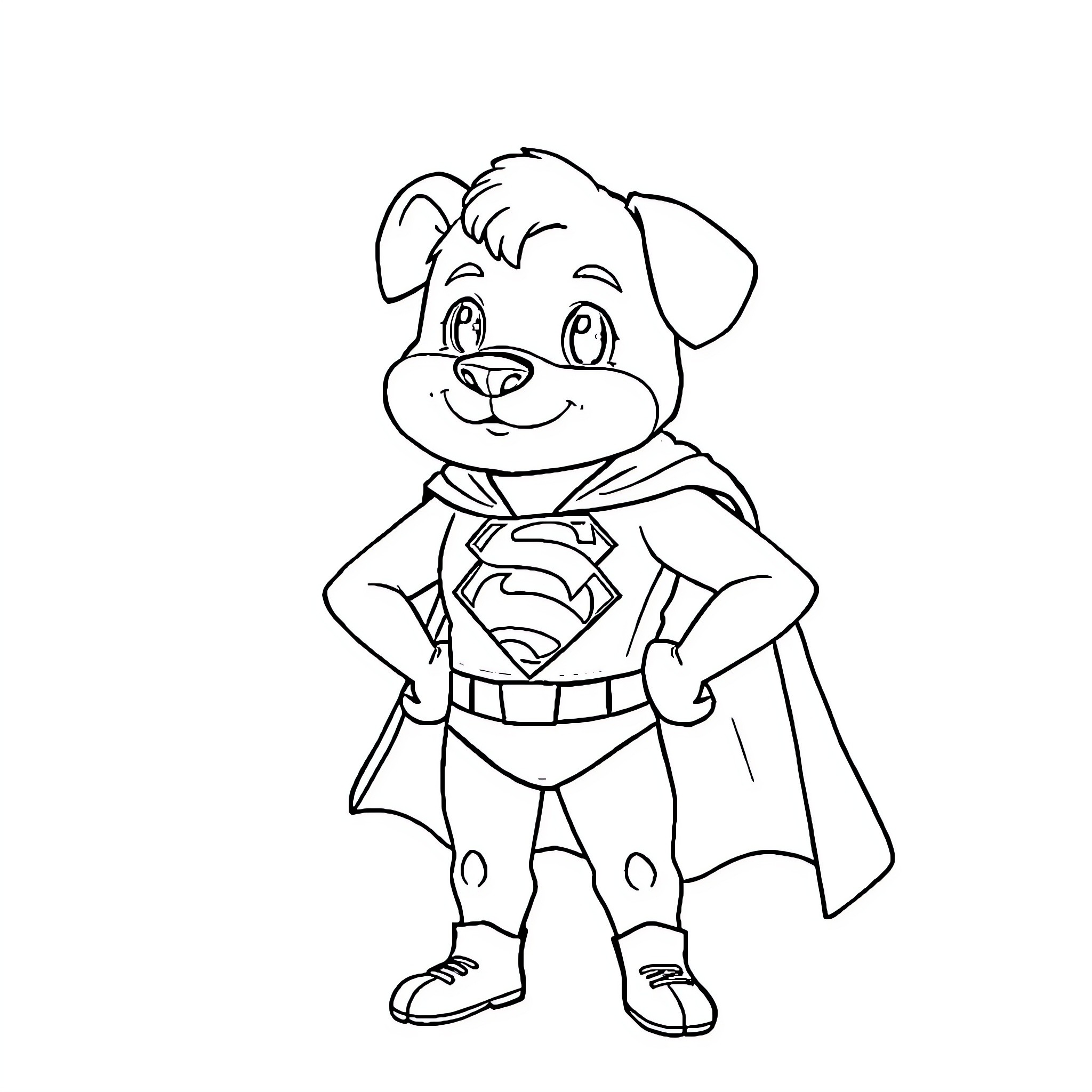 Superman puppy in heroic pose Coloring Page (free black-and-white line drawing printable PDF for all, from beginners to advanced learners, including children, teens, adults, and seniors)