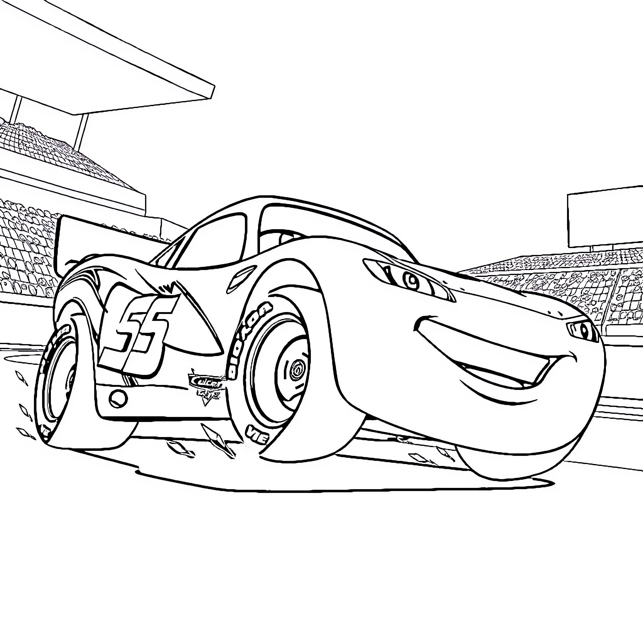 Rayo McQueen racing in a stadium Coloring Page (free black-and-white line drawing printable PDF for all, from beginners to advanced learners, including children, teens, adults, and seniors)