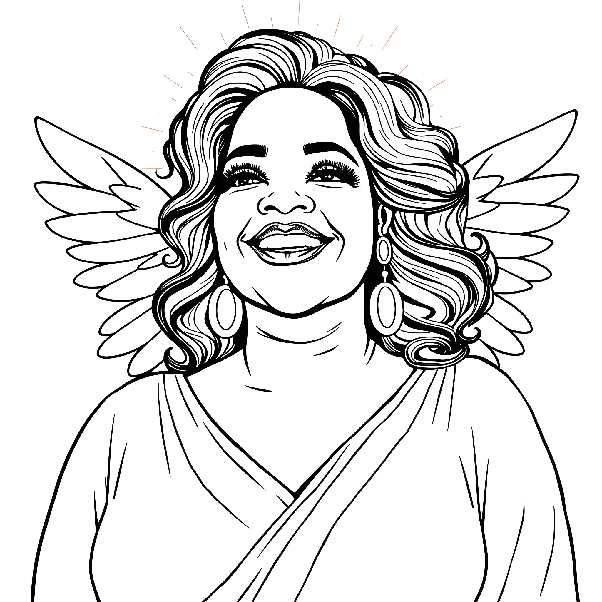 Oprah Winfrey depicted as a celestial being with wings Coloring Page (free black-and-white line drawing printable PDF for all, from beginners to advanced learners, including children, teens, adults, and seniors)
