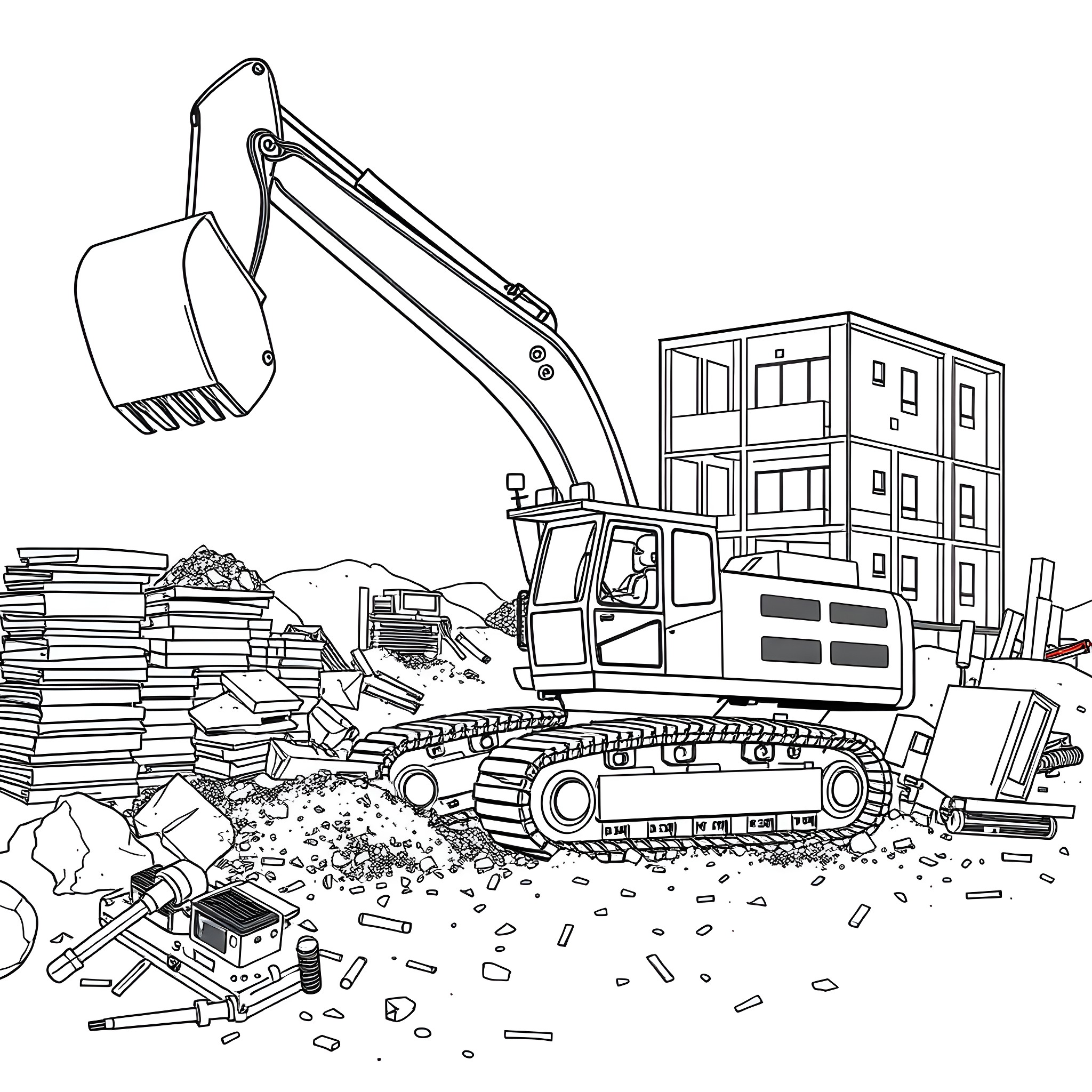 Excavator at Work on Construction Site Coloring Page (free black-and-white line drawing printable PDF for all, from beginners to advanced learners, including children, teens, adults, and seniors)