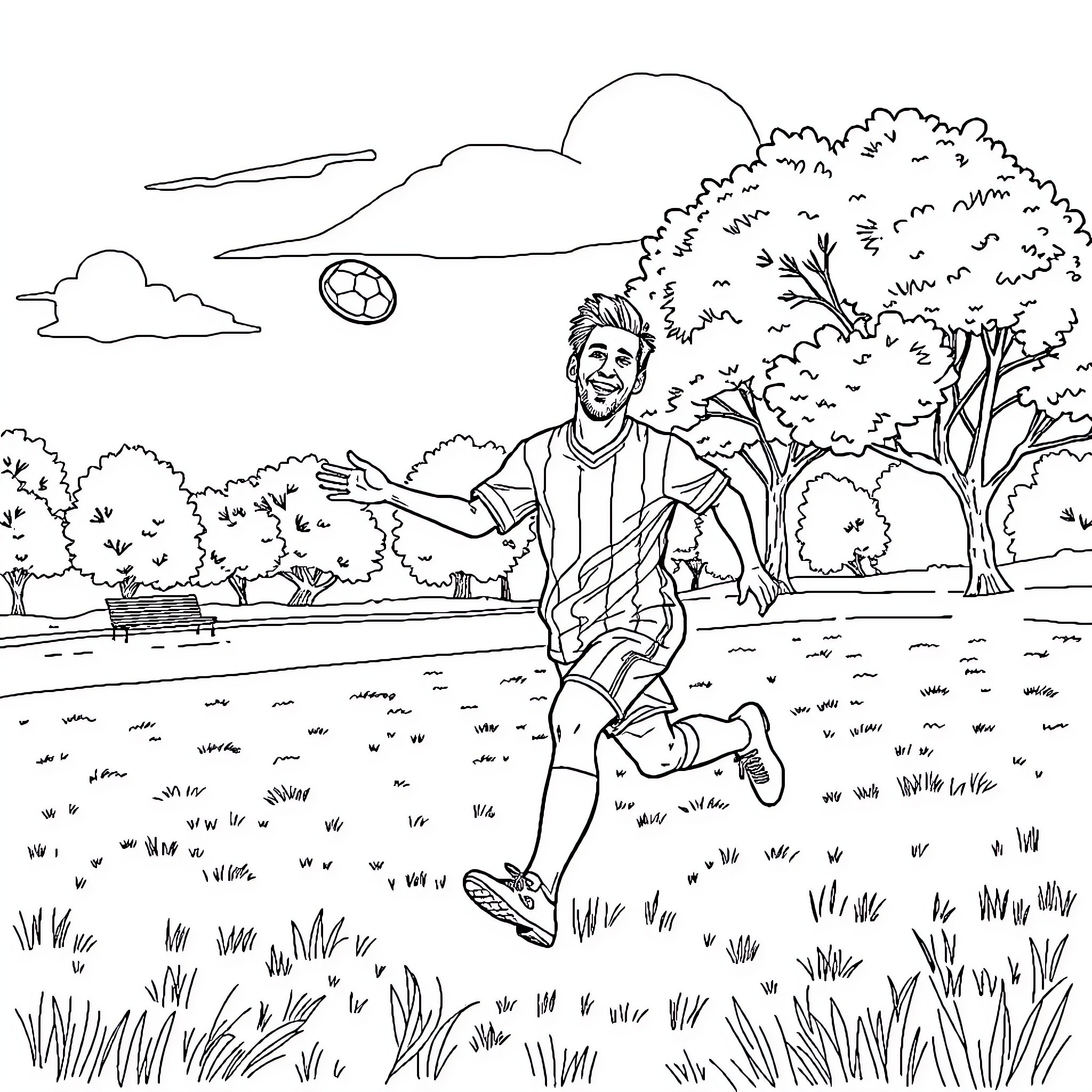 Messi playing soccer in a scenic park Coloring Page (free black-and-white line drawing printable PDF for all, from beginners to advanced learners, including children, teens, adults, and seniors)
