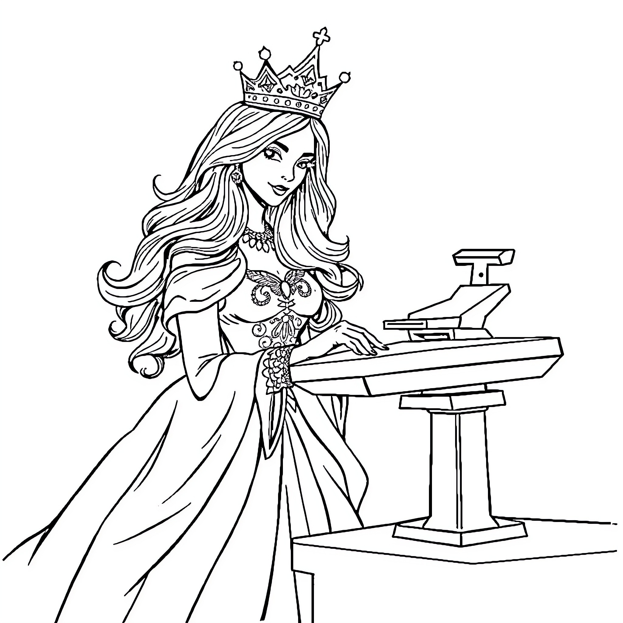Lady Monarch Presiding over Majestic Throne Coloring Page (free black-and-white line drawing printable PDF for all, from beginners to advanced learners, including children, teens, adults, and seniors)