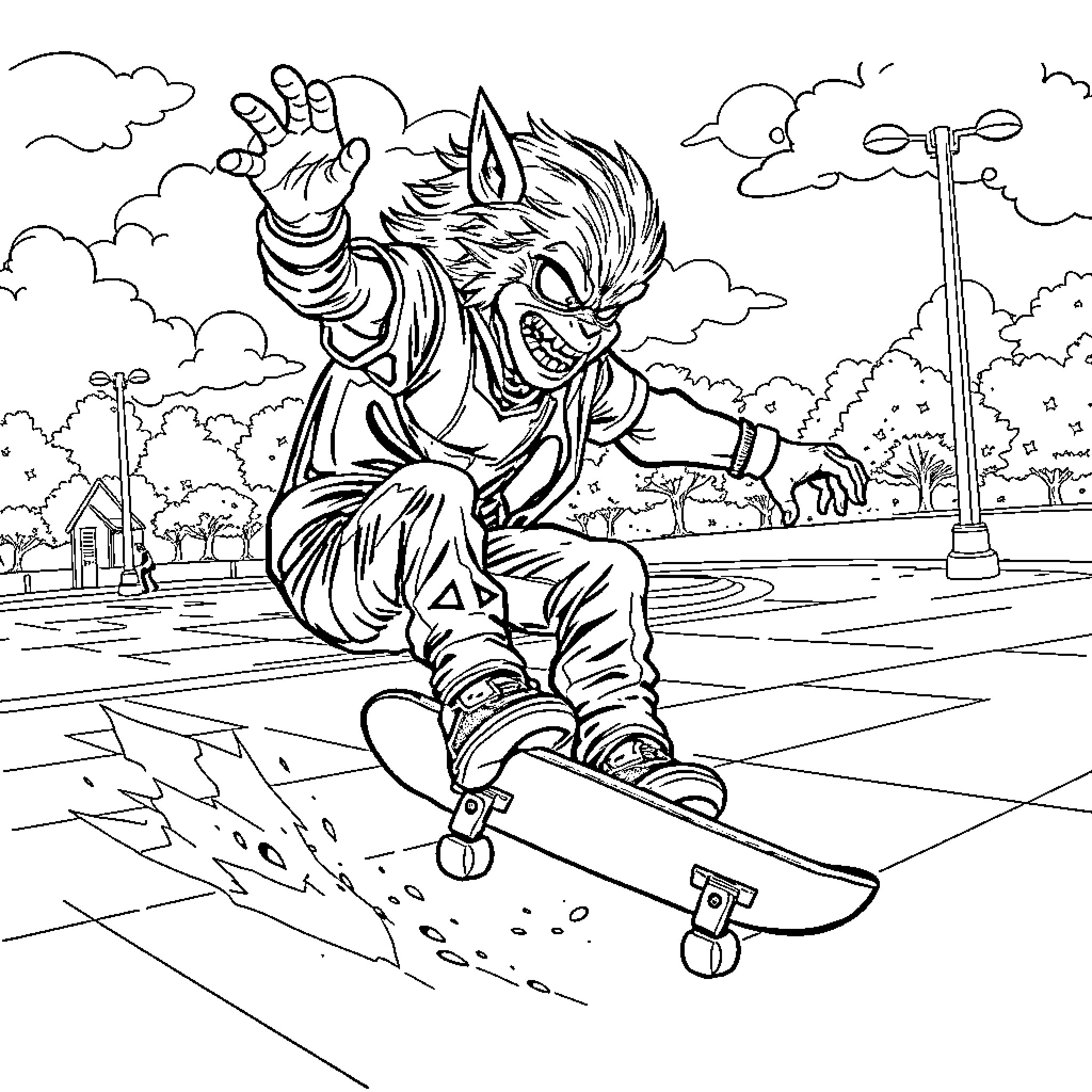 Furia of the Skatepark: Warrior's Radical Ride Coloring Page (free black-and-white line drawing printable PDF for all, from beginners to advanced learners, including children, teens, adults, and seniors)