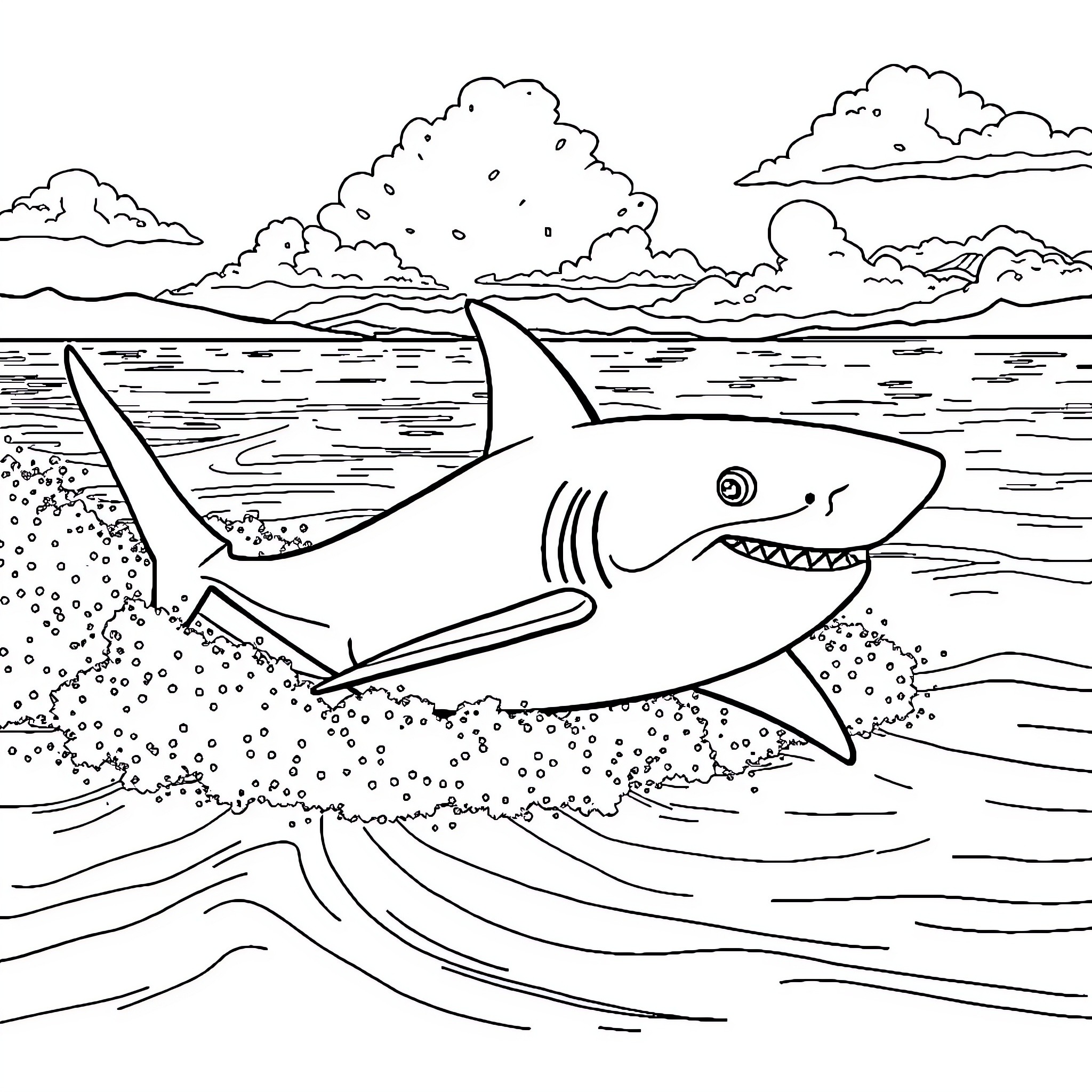 Shark swimming swiftly in the ocean Coloring Page (free black-and-white line drawing printable PDF for all, from beginners to advanced learners, including children, teens, adults, and seniors)