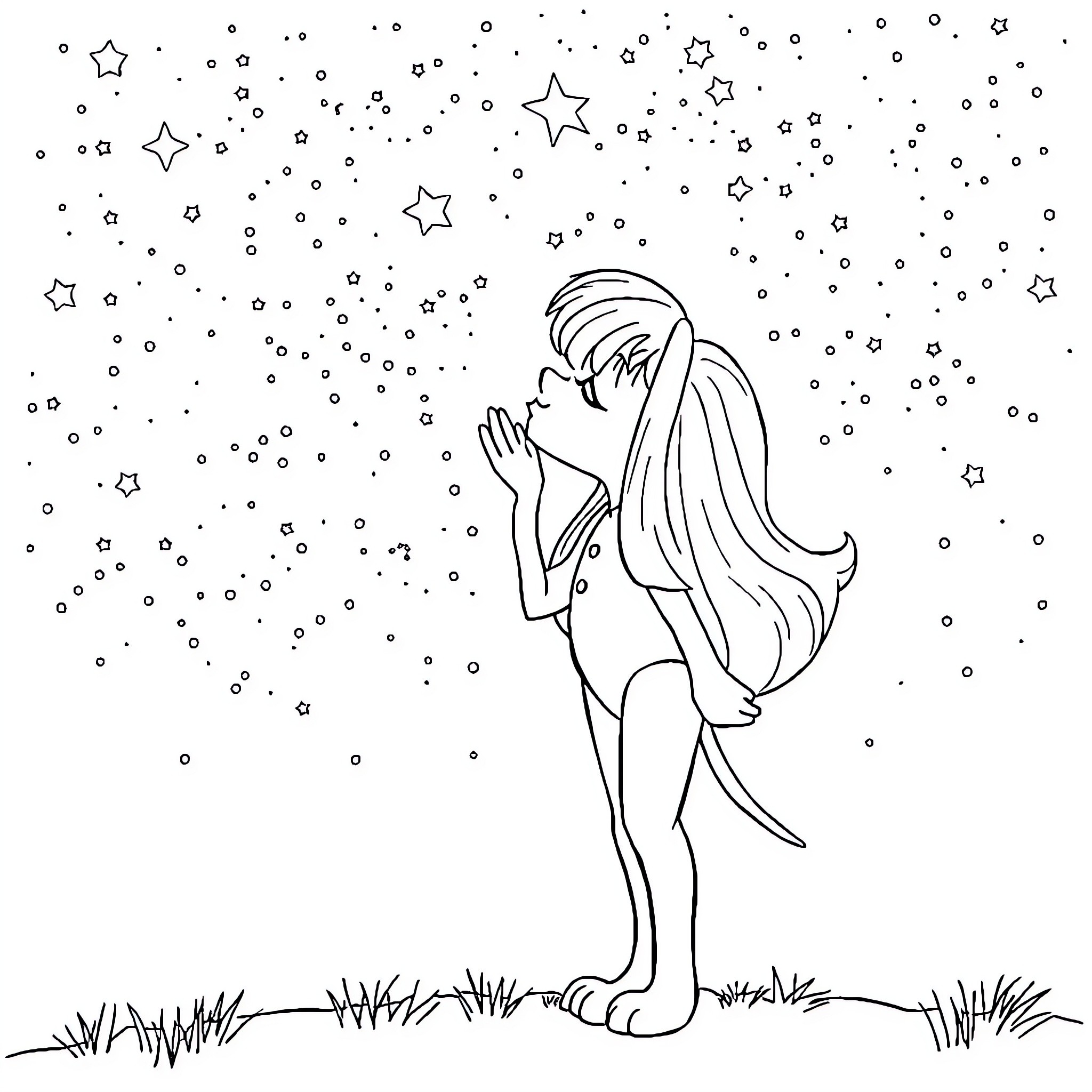Dandy girl gazing up at starry night sky Coloring Page (free black-and-white line drawing printable PDF for all, from beginners to advanced learners, including children, teens, adults, and seniors)
