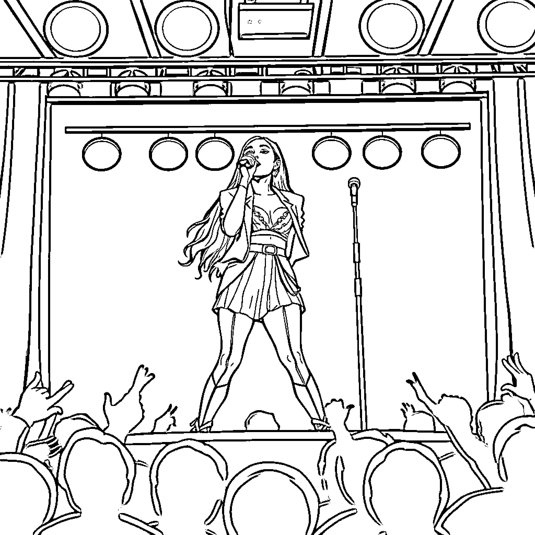 Ariana Grande Performing on Stage with Audience Coloring Page (free black-and-white line drawing printable PDF for all, from beginners to advanced learners, including children, teens, adults, and seniors)