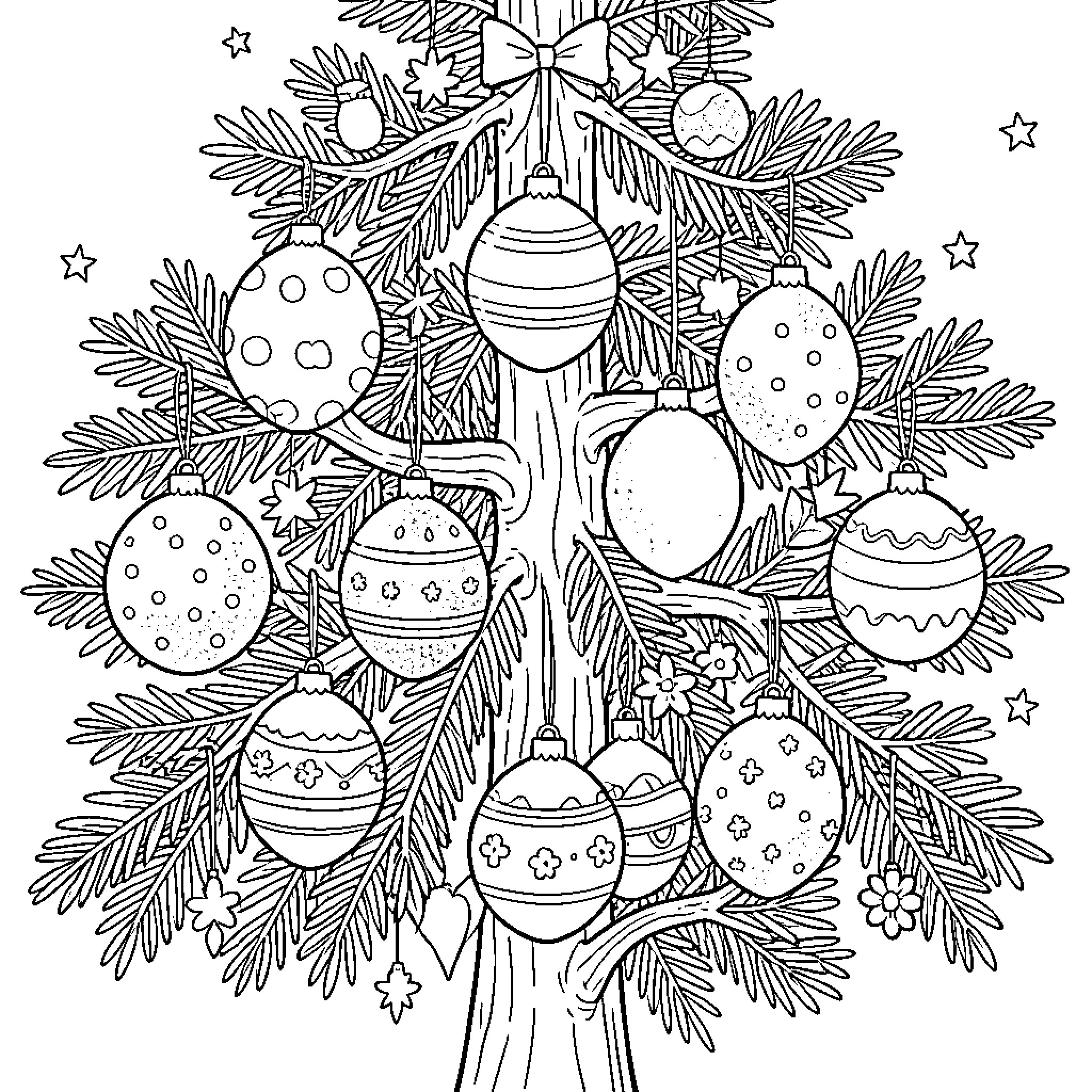 Easter Ornament Adorned Christmas Tree Coloring Page (free black-and-white line drawing printable PDF for all, from beginners to advanced learners, including children, teens, adults, and seniors)