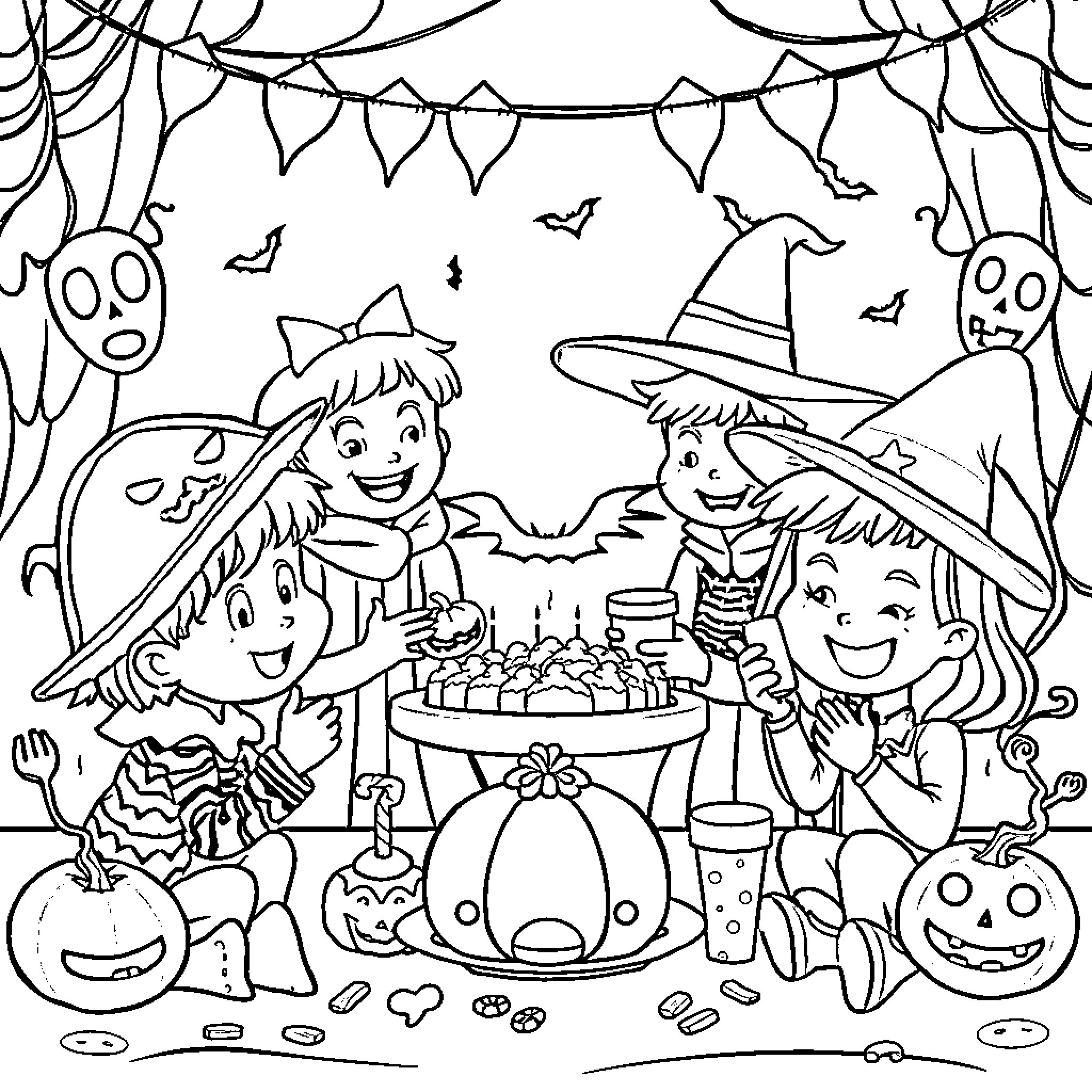 Halloween party with costumed children and festive decorations Coloring Page (free black-and-white line drawing printable PDF for all, from beginners to advanced learners, including children, teens, adults, and seniors)