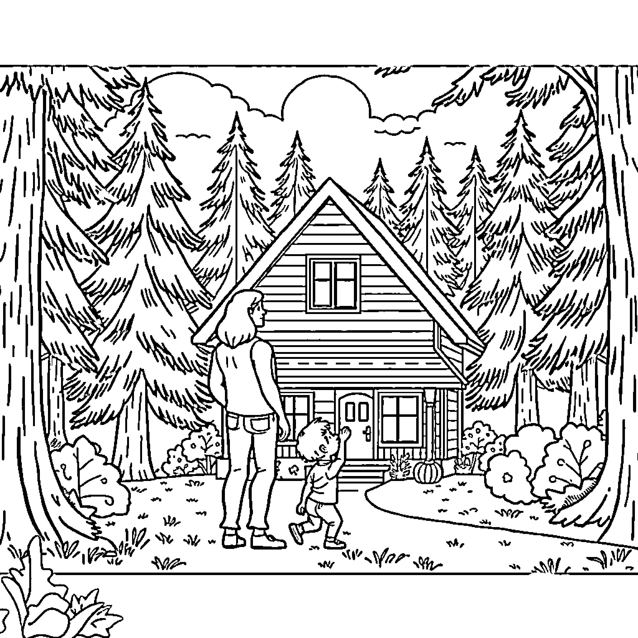 Family enjoying outdoor adventure near cozy cabin Coloring Page (free black-and-white line drawing printable PDF for all, from beginners to advanced learners, including children, teens, adults, and seniors)