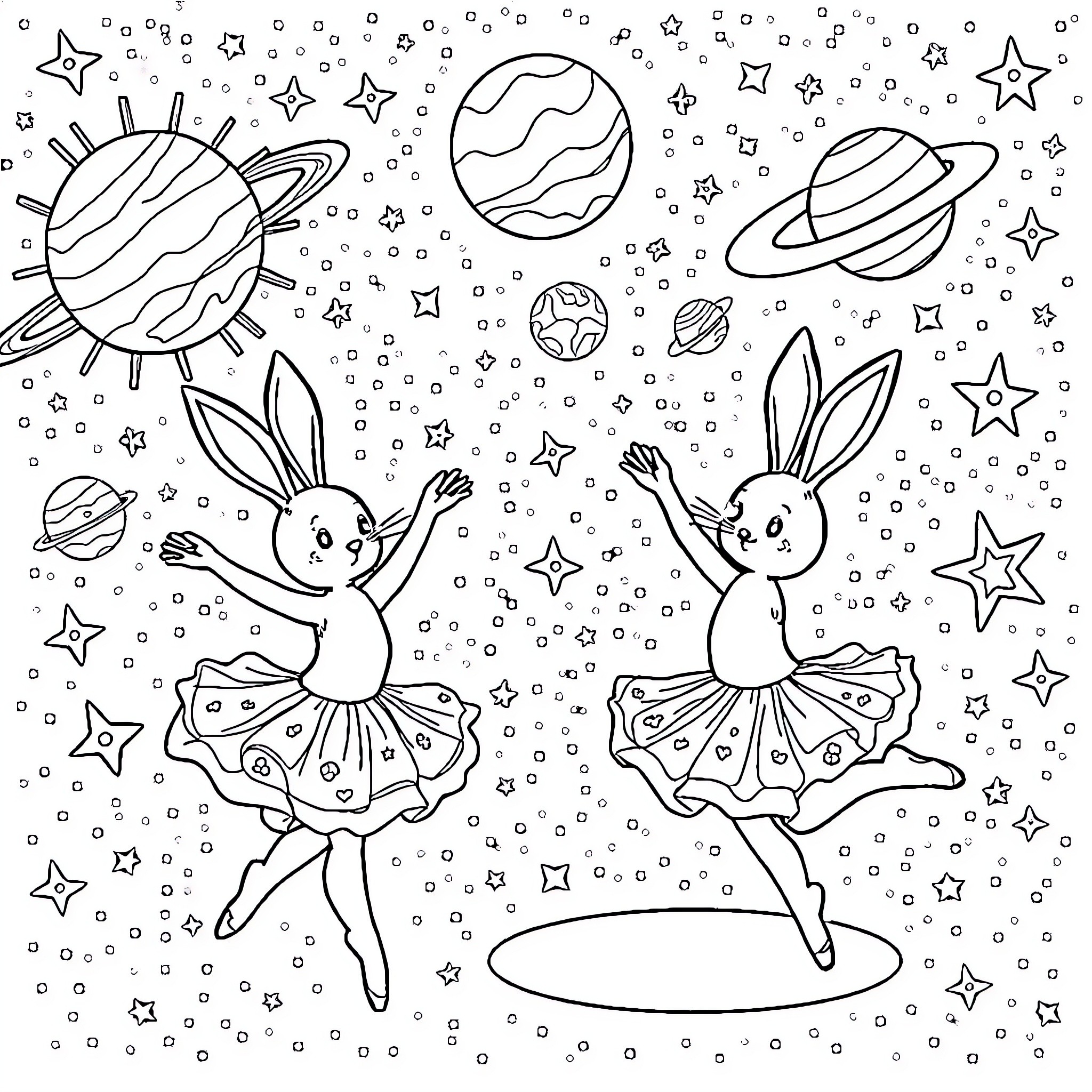 Bunny ballerinas dancing in a cosmic scene Coloring Page (free black-and-white line drawing printable PDF for all, from beginners to advanced learners, including children, teens, adults, and seniors)