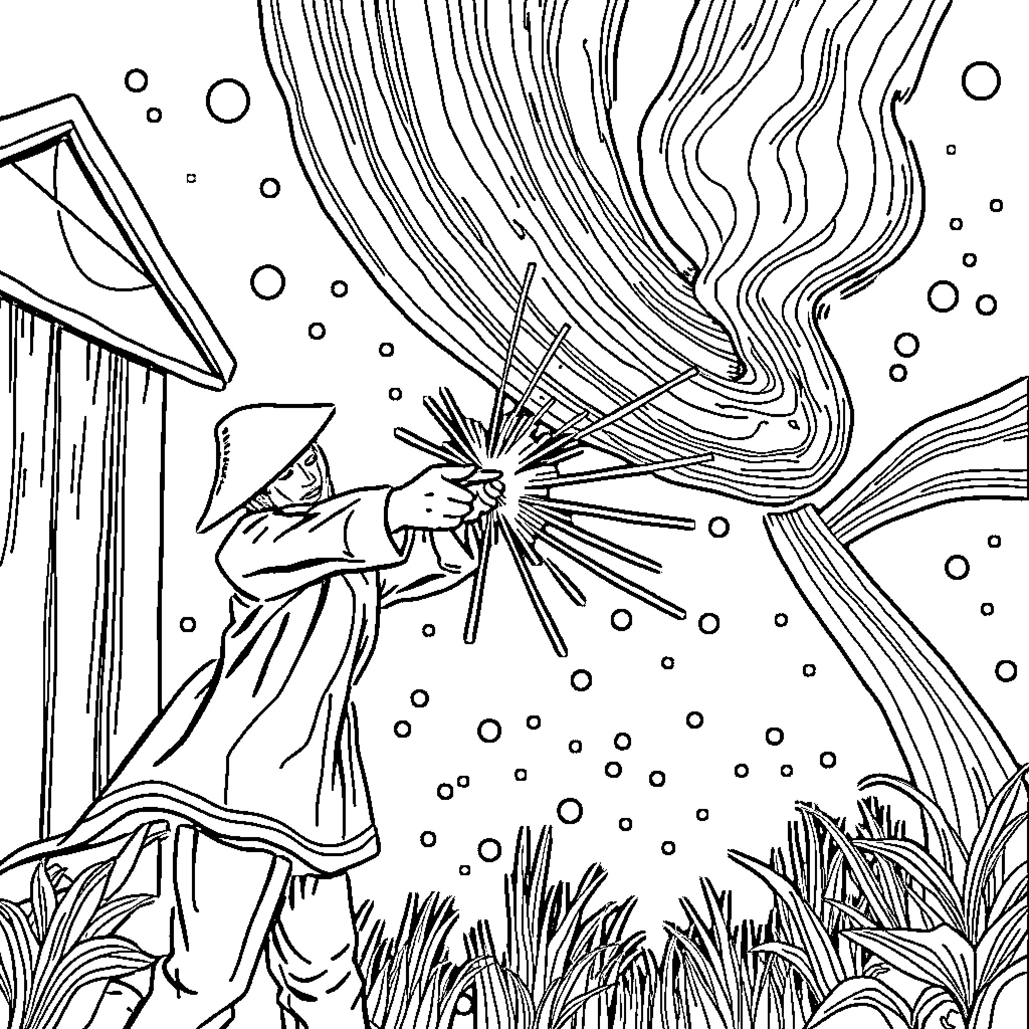 Clown casting magical spells in mystical forest Coloring Page (free black-and-white line drawing printable PDF for all, from beginners to advanced learners, including children, teens, adults, and seniors)