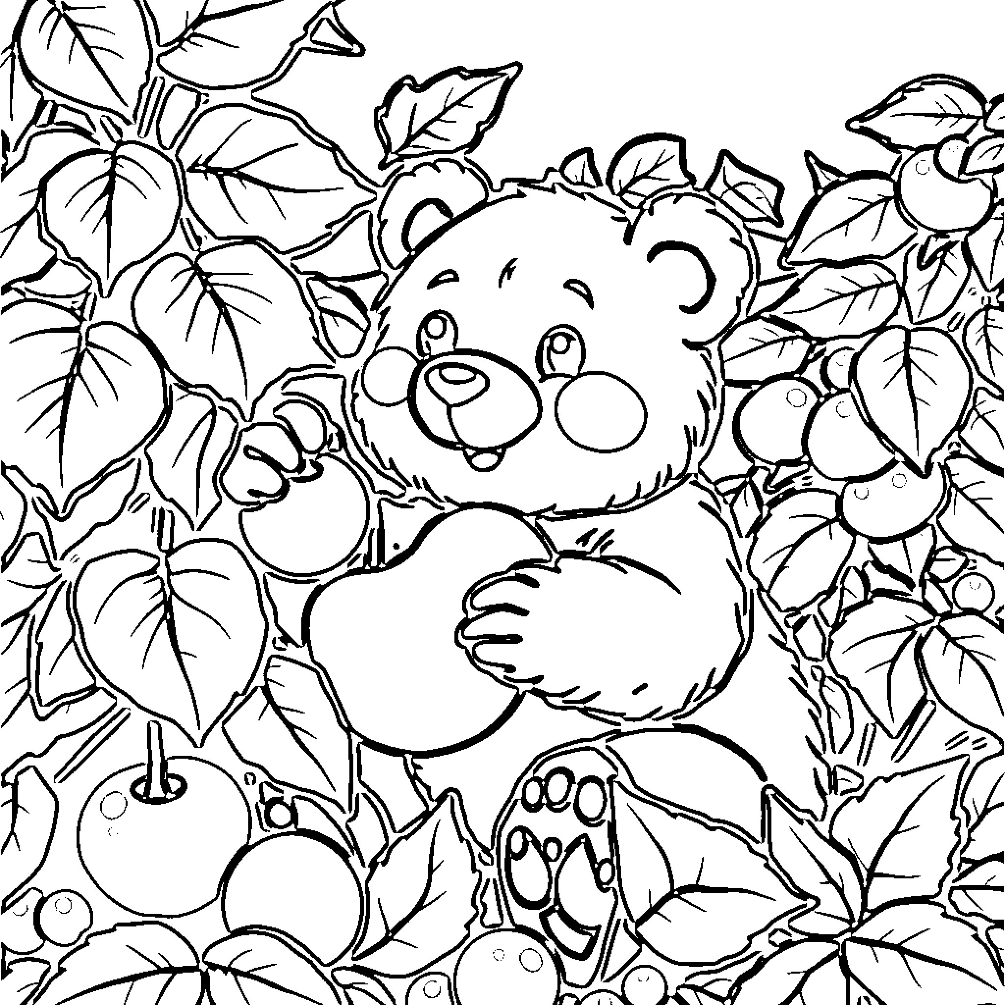 Gummy Bear surrounded by foliage and fruits Coloring Page (free black-and-white line drawing printable PDF for all, from beginners to advanced learners, including children, teens, adults, and seniors)