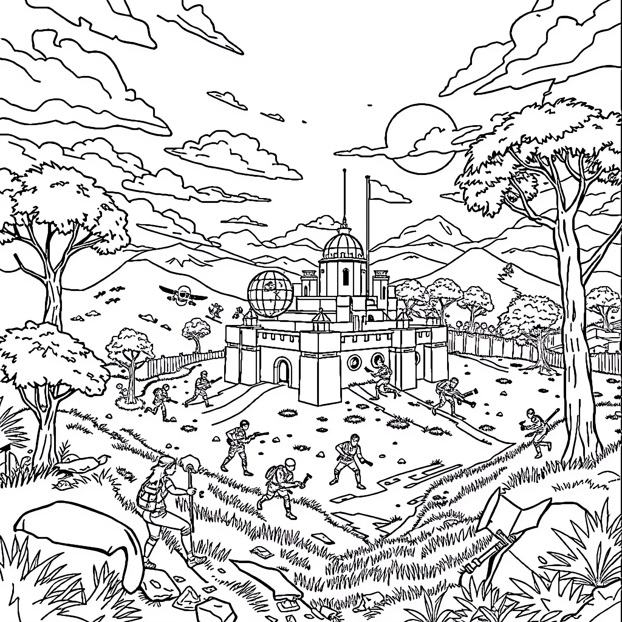Fortnite Scenic Landscape with Fantastical Architecture Coloring Page (free black-and-white line drawing printable PDF for all, from beginners to advanced learners, including children, teens, adults, and seniors)