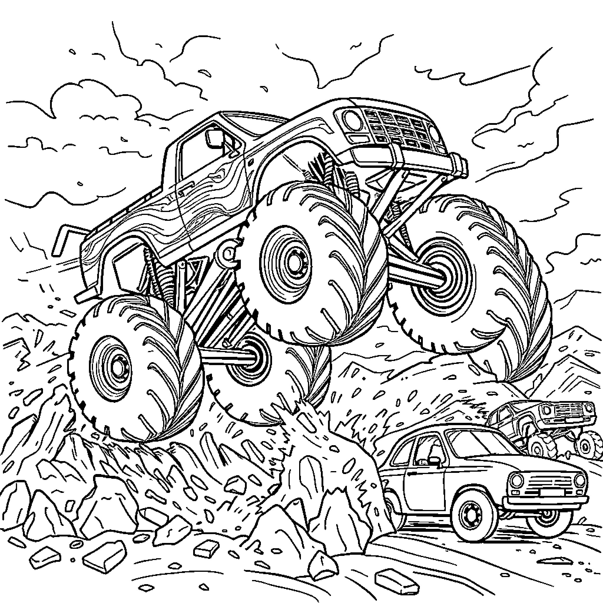 Monster Truck Tackling Rugged Terrain Coloring Page (free black-and-white line drawing printable PDF for all, from beginners to advanced learners, including children, teens, adults, and seniors)