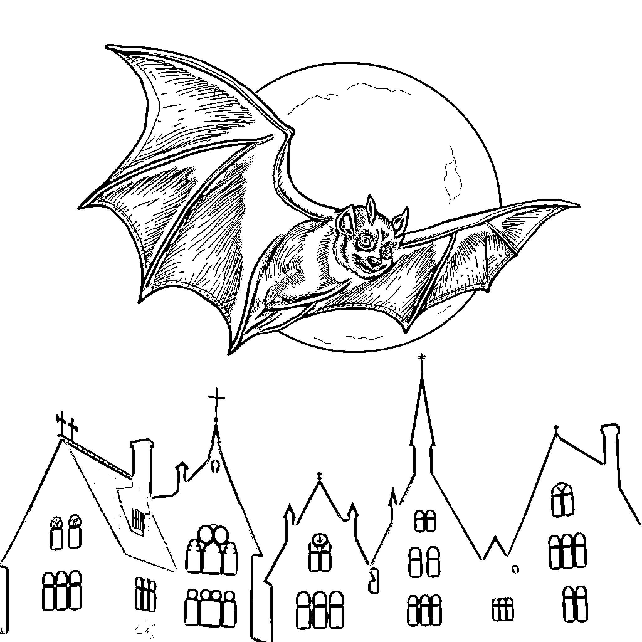 Bat flying over a medieval town Coloring Page (free black-and-white line drawing printable PDF for all, from beginners to advanced learners, including children, teens, adults, and seniors)
