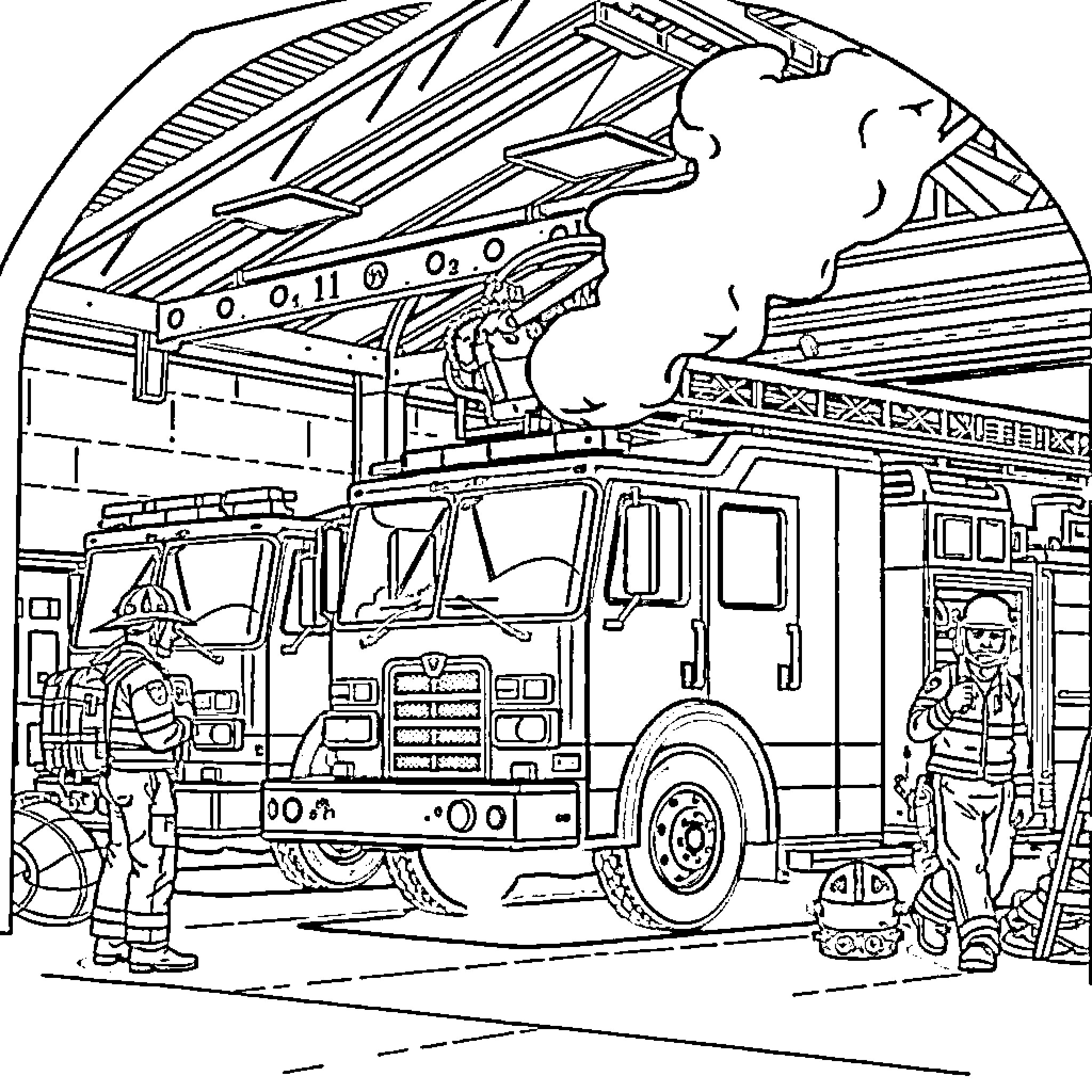 Fireman operating fire truck at emergency scene Coloring Page (free black-and-white line drawing printable PDF for all, from beginners to advanced learners, including children, teens, adults, and seniors)