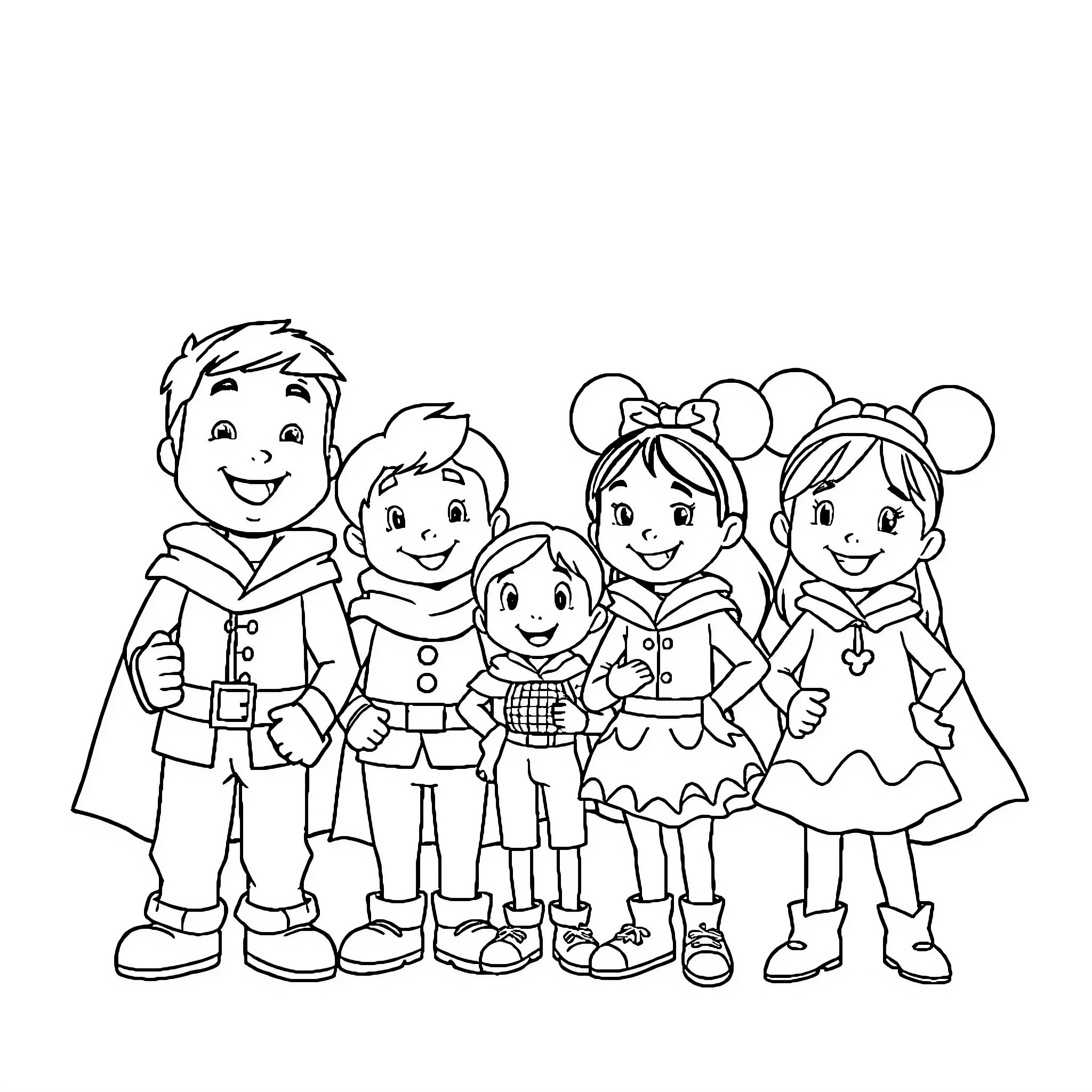 Disney characters in playful costumes Coloring Page (free black-and-white line drawing printable PDF for all, from beginners to advanced learners, including children, teens, adults, and seniors)