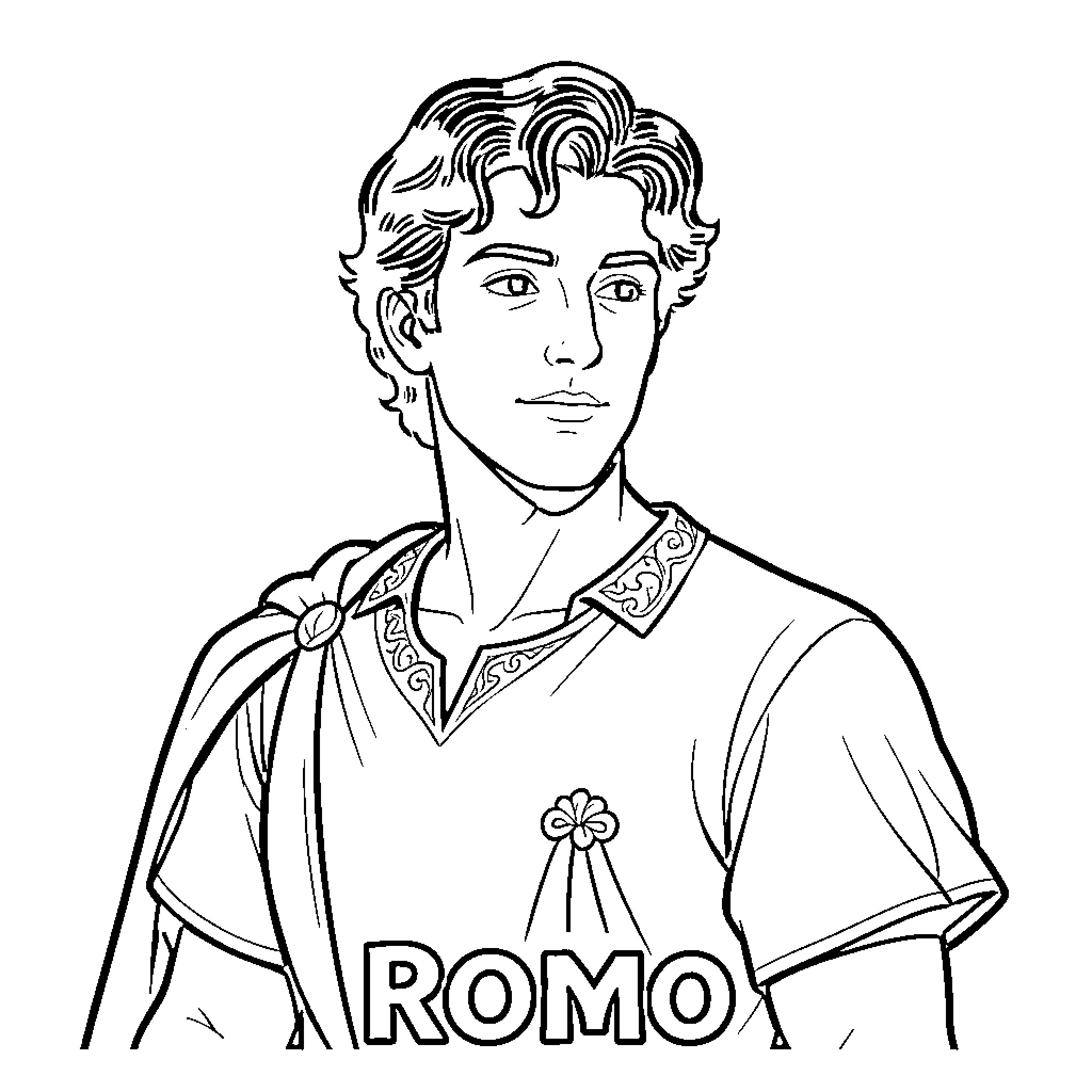 Romeo wearing ornate clothing with a thoughtful expression Coloring Page (free black-and-white line drawing printable PDF for all, from beginners to advanced learners, including children, teens, adults, and seniors)