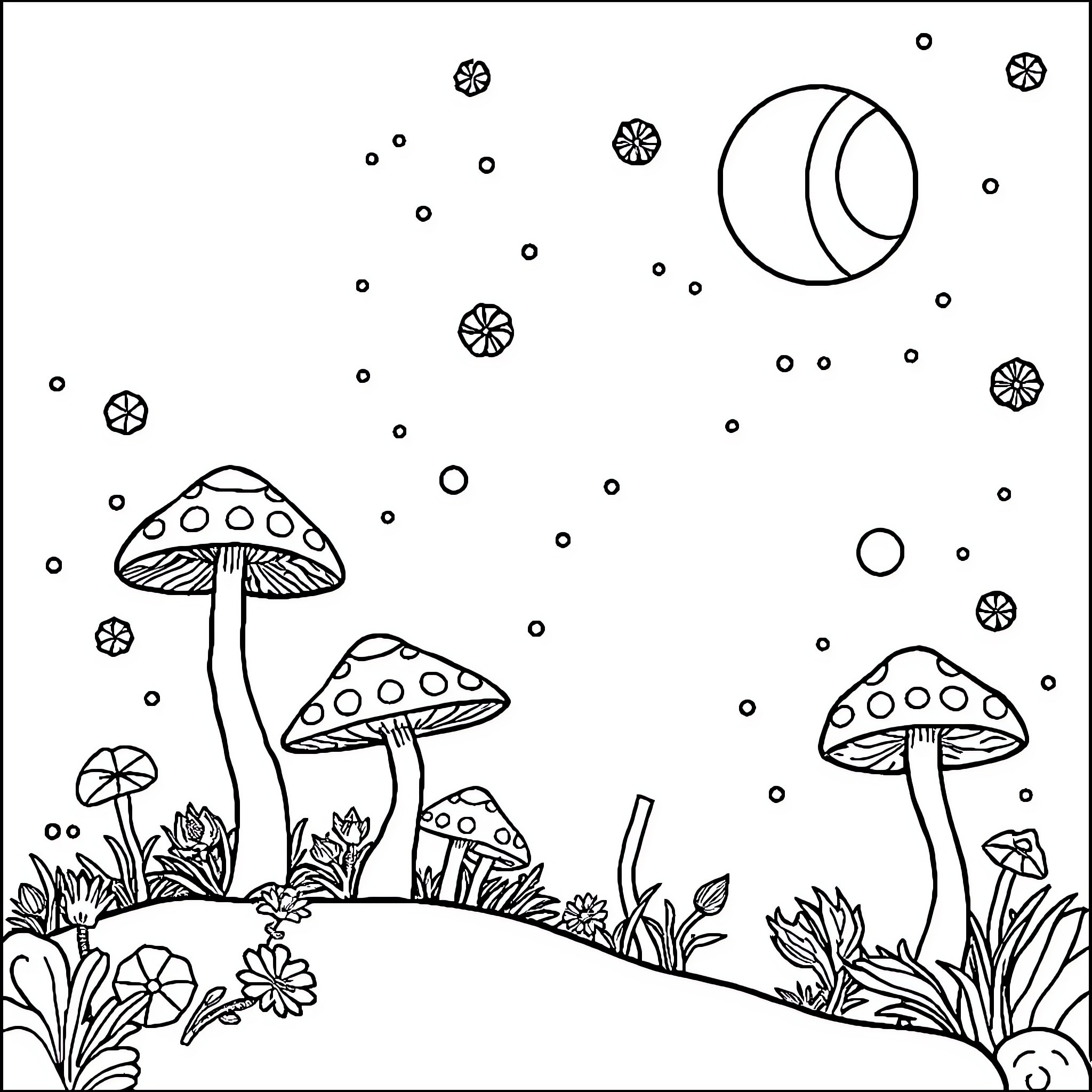 Mushroom Fantasy Landscape with Celestial Elements Coloring Page (free black-and-white line drawing printable PDF for all, from beginners to advanced learners, including children, teens, adults, and seniors)