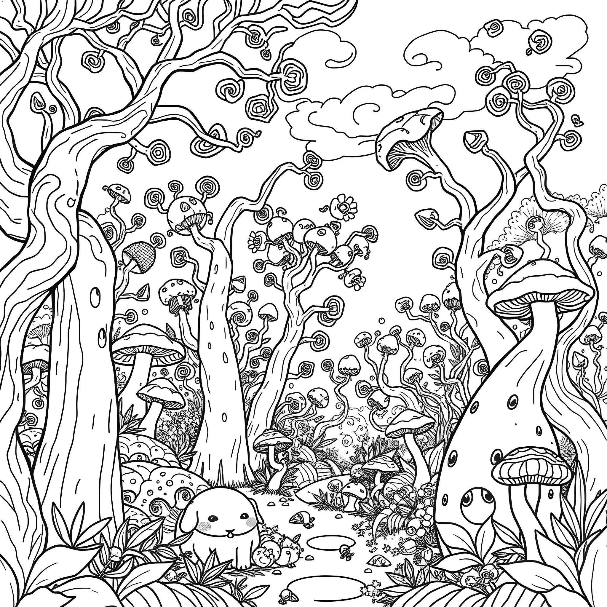Forest filled with whimsical mushrooms and creatures Coloring Page (free black-and-white line drawing printable PDF for all, from beginners to advanced learners, including children, teens, adults, and seniors)