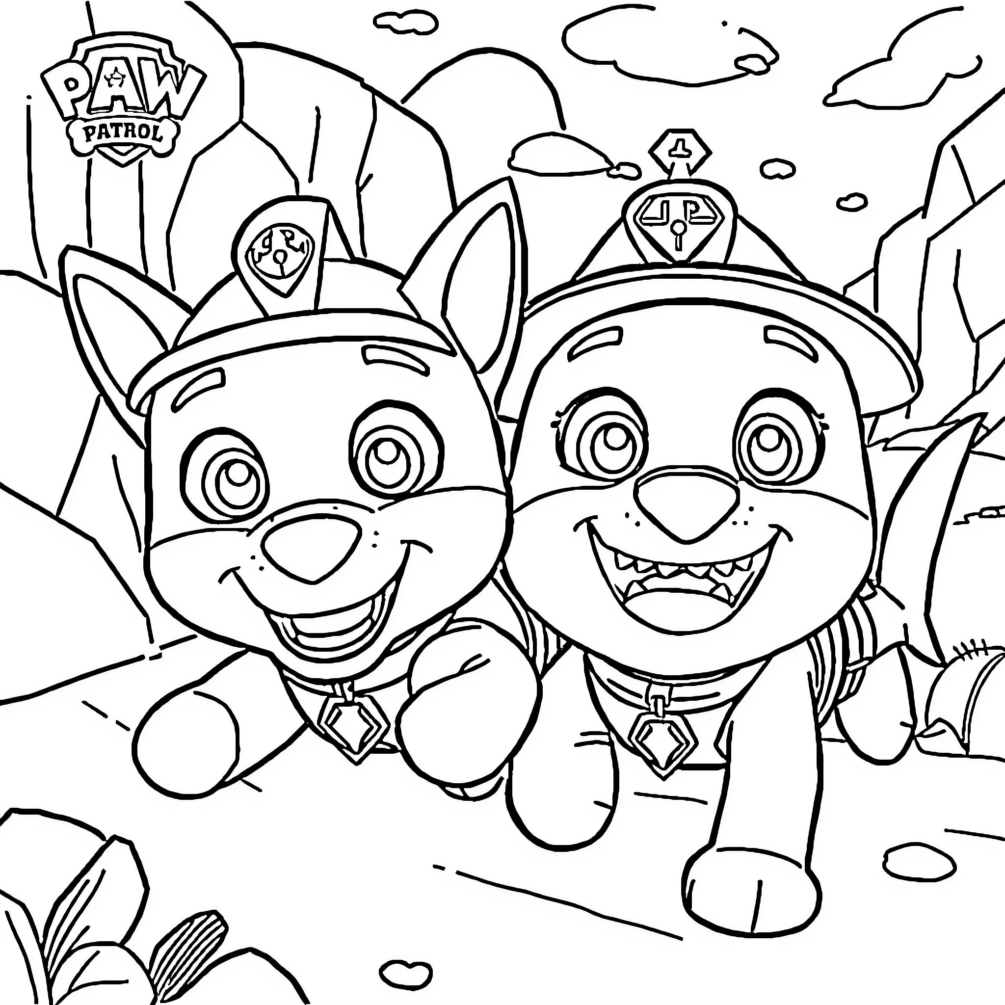 Paw Patrol Pups Having Fun on Adventure Coloring Page (free black-and-white line drawing printable PDF for all, from beginners to advanced learners, including children, teens, adults, and seniors)