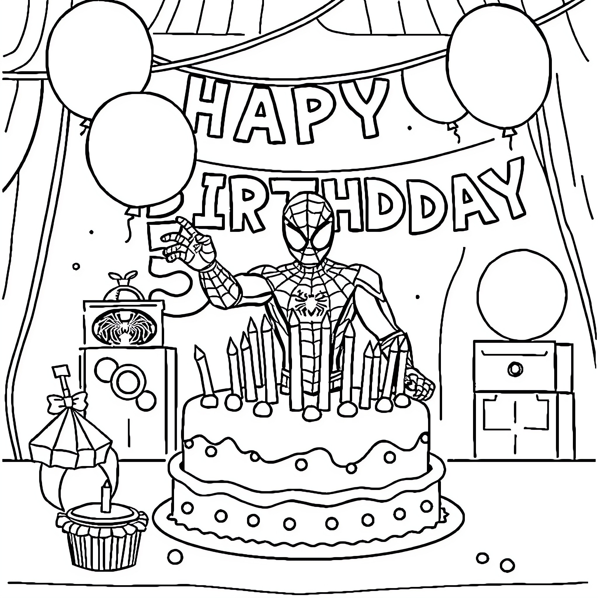 Spiderman celebrating a happy birthday with cake and balloons Coloring Page (free black-and-white line drawing printable PDF for all, from beginners to advanced learners, including children, teens, adults, and seniors)