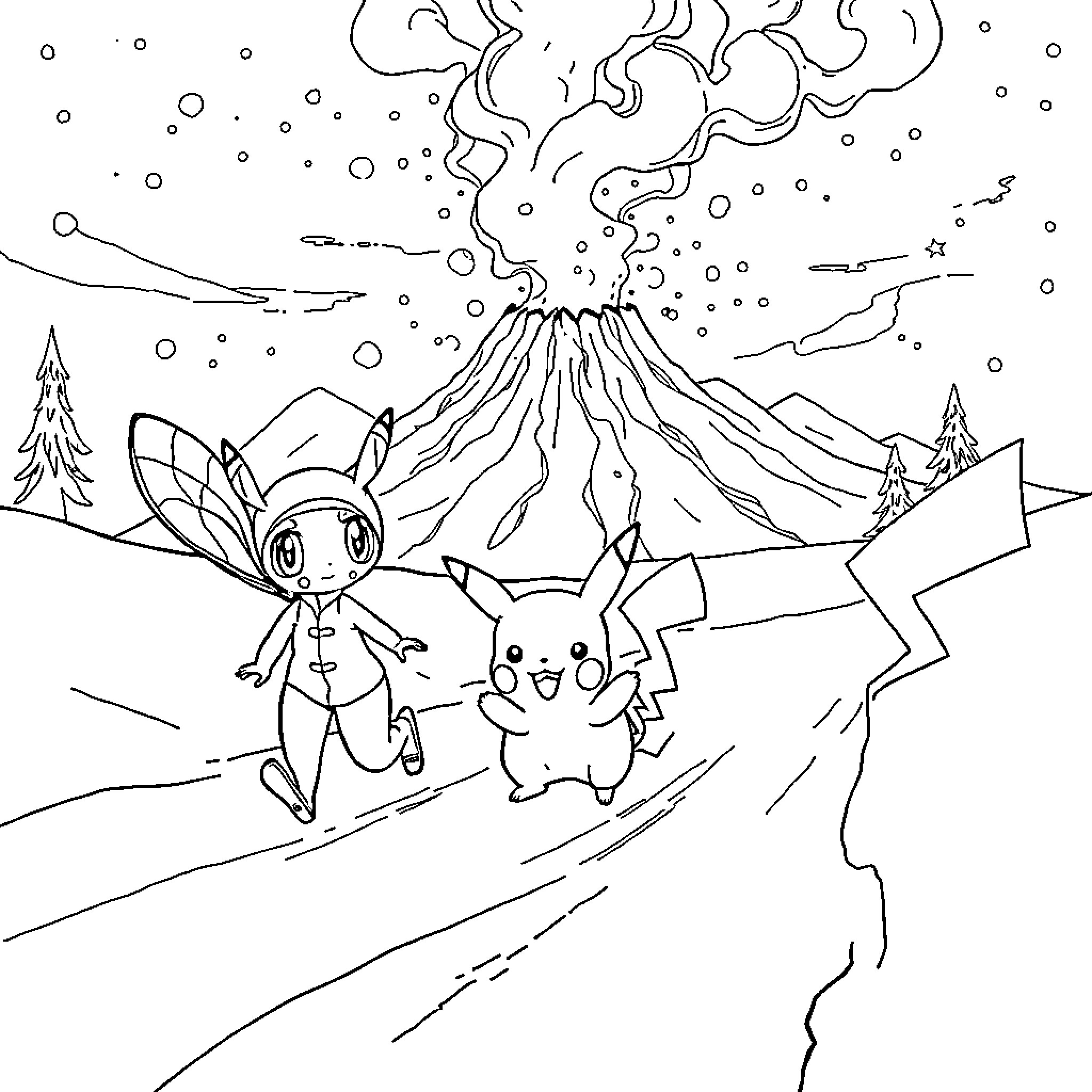 Stella and Pikachu exploring the volcanic landscape Coloring Page (free black-and-white line drawing printable PDF for all, from beginners to advanced learners, including children, teens, adults, and seniors)