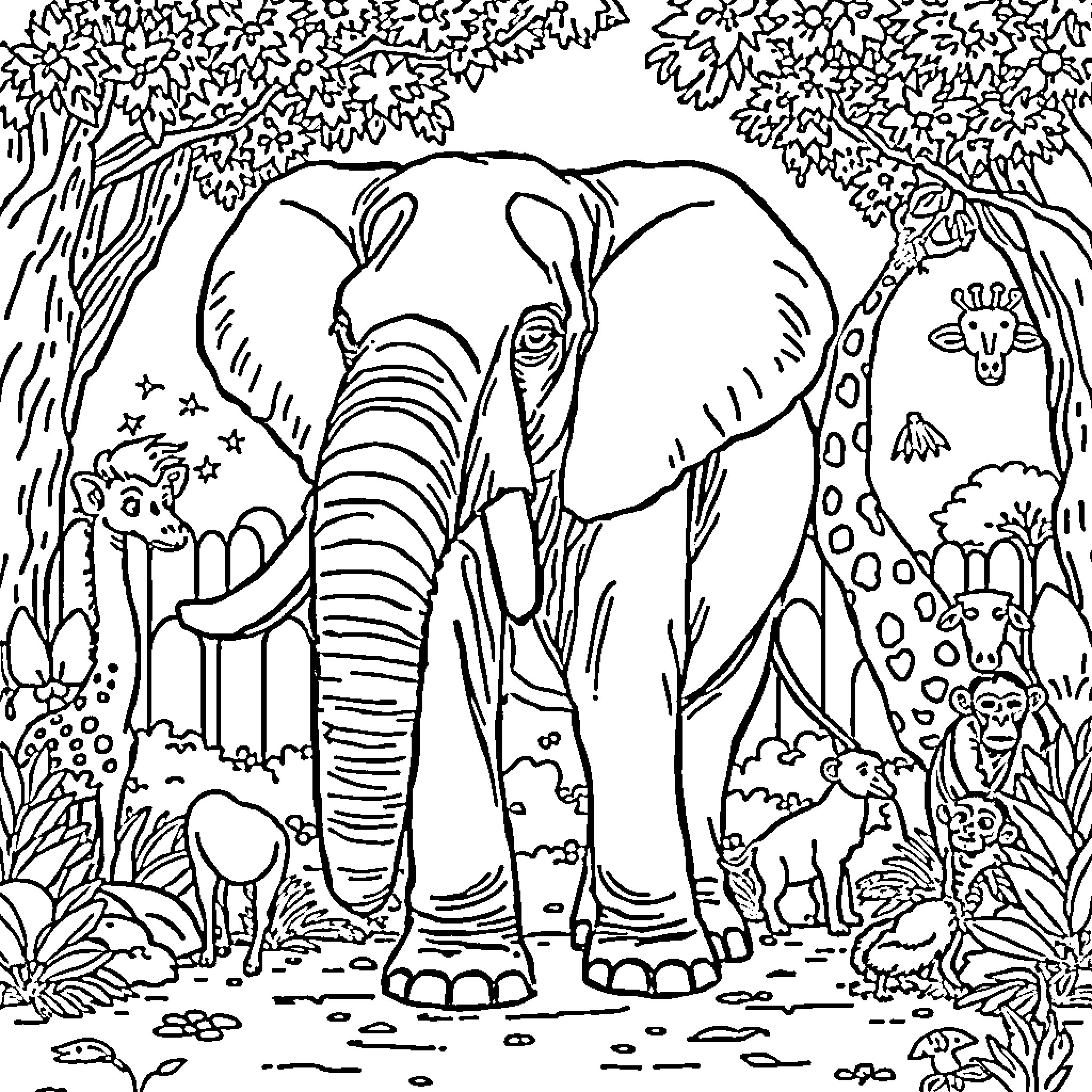 Elephant in a lively jungle scene Coloring Page (free black-and-white line drawing printable PDF for all, from beginners to advanced learners, including children, teens, adults, and seniors)