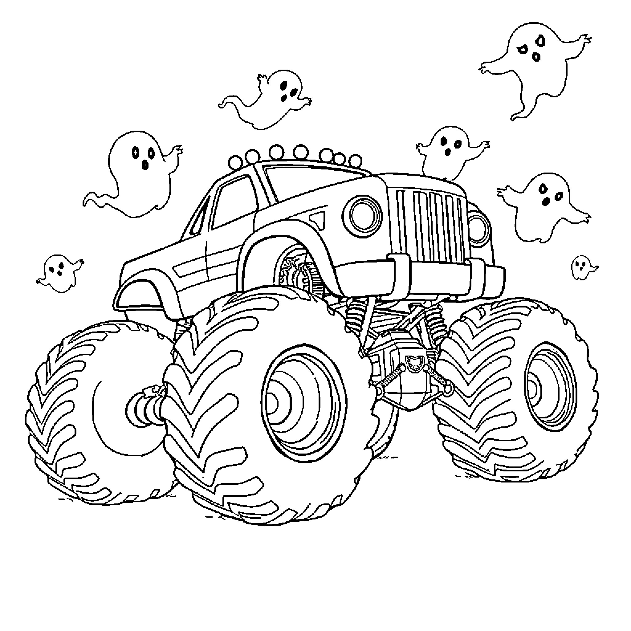 Monster Truck Cruising with Friendly Ghosts Coloring Page (free black-and-white line drawing printable PDF for all, from beginners to advanced learners, including children, teens, adults, and seniors)