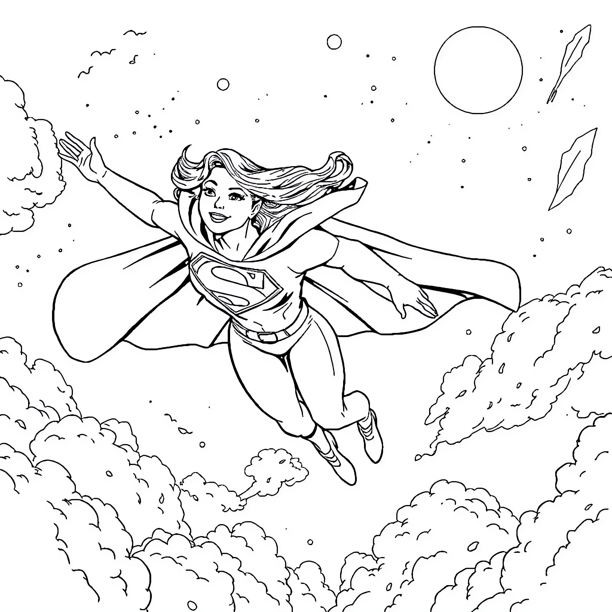 Nena soaring through the cosmic skies Coloring Page (free black-and-white line drawing printable PDF for all, from beginners to advanced learners, including children, teens, adults, and seniors)