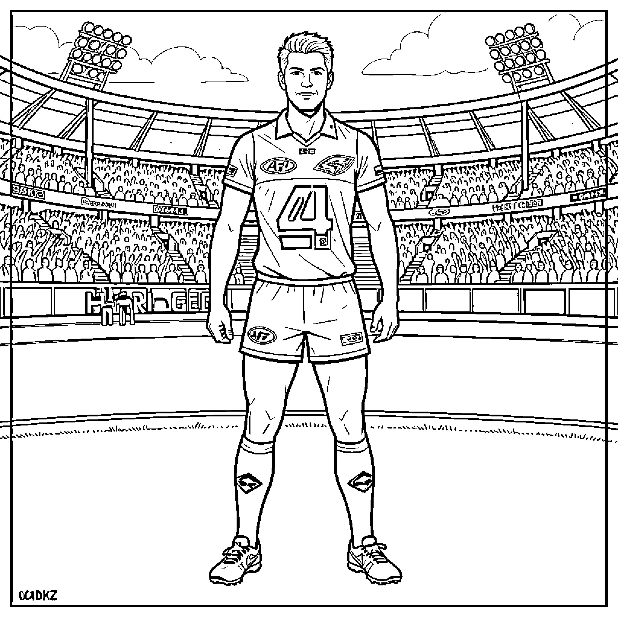 Harley Reid standing confidently in a sports stadium Coloring Page (free black-and-white line drawing printable PDF for all, from beginners to advanced learners, including children, teens, adults, and seniors)