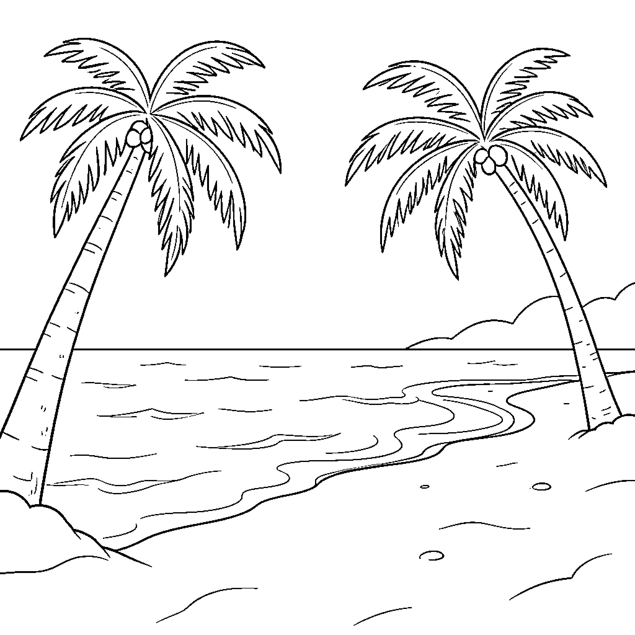 Beach scene with palm trees and ocean Coloring Page (free black-and-white line drawing printable PDF for all, from beginners to advanced learners, including children, teens, adults, and seniors)