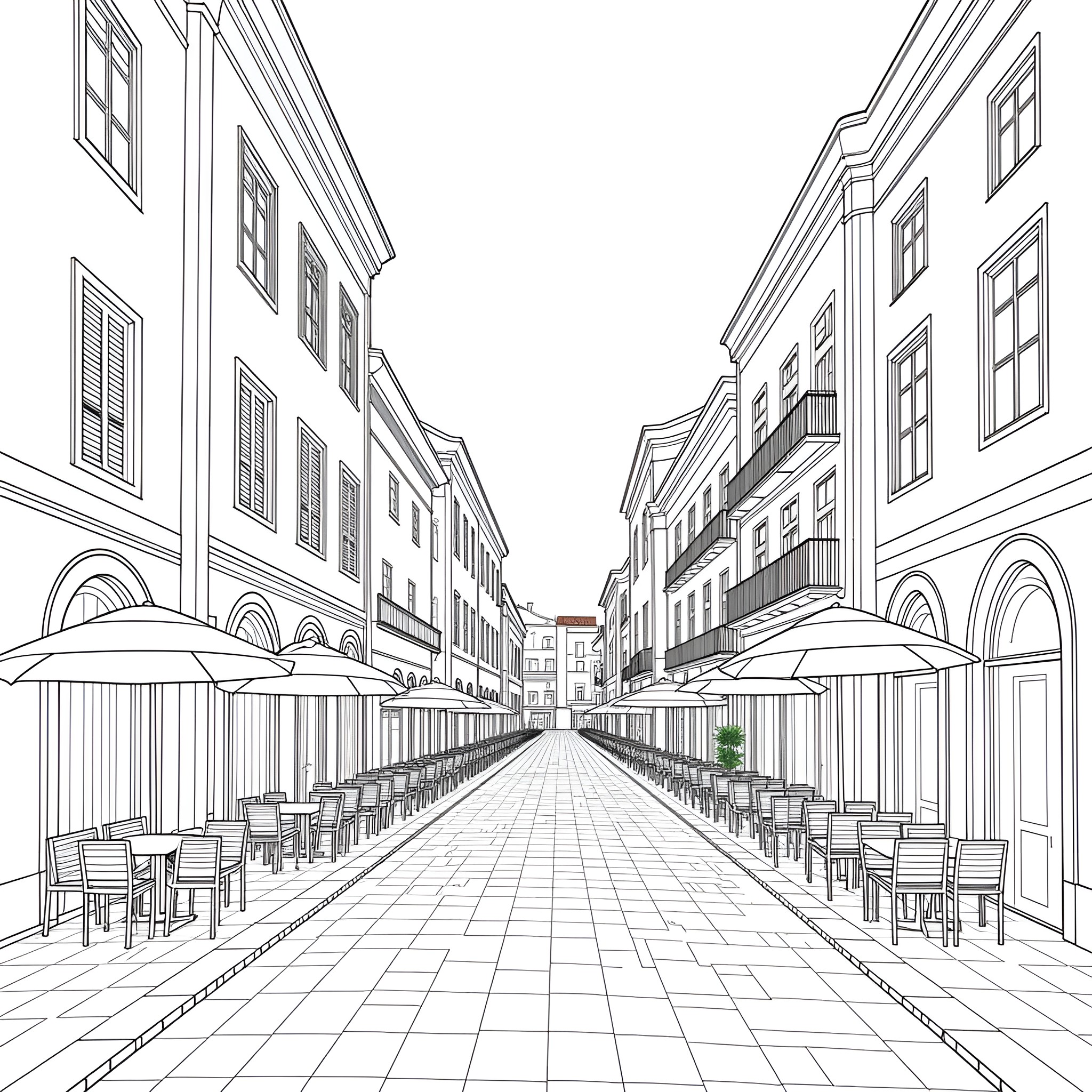 Street scene with buildings, shops, and outdoor seating Coloring Page (free black-and-white line drawing printable PDF for all, from beginners to advanced learners, including children, teens, adults, and seniors)
