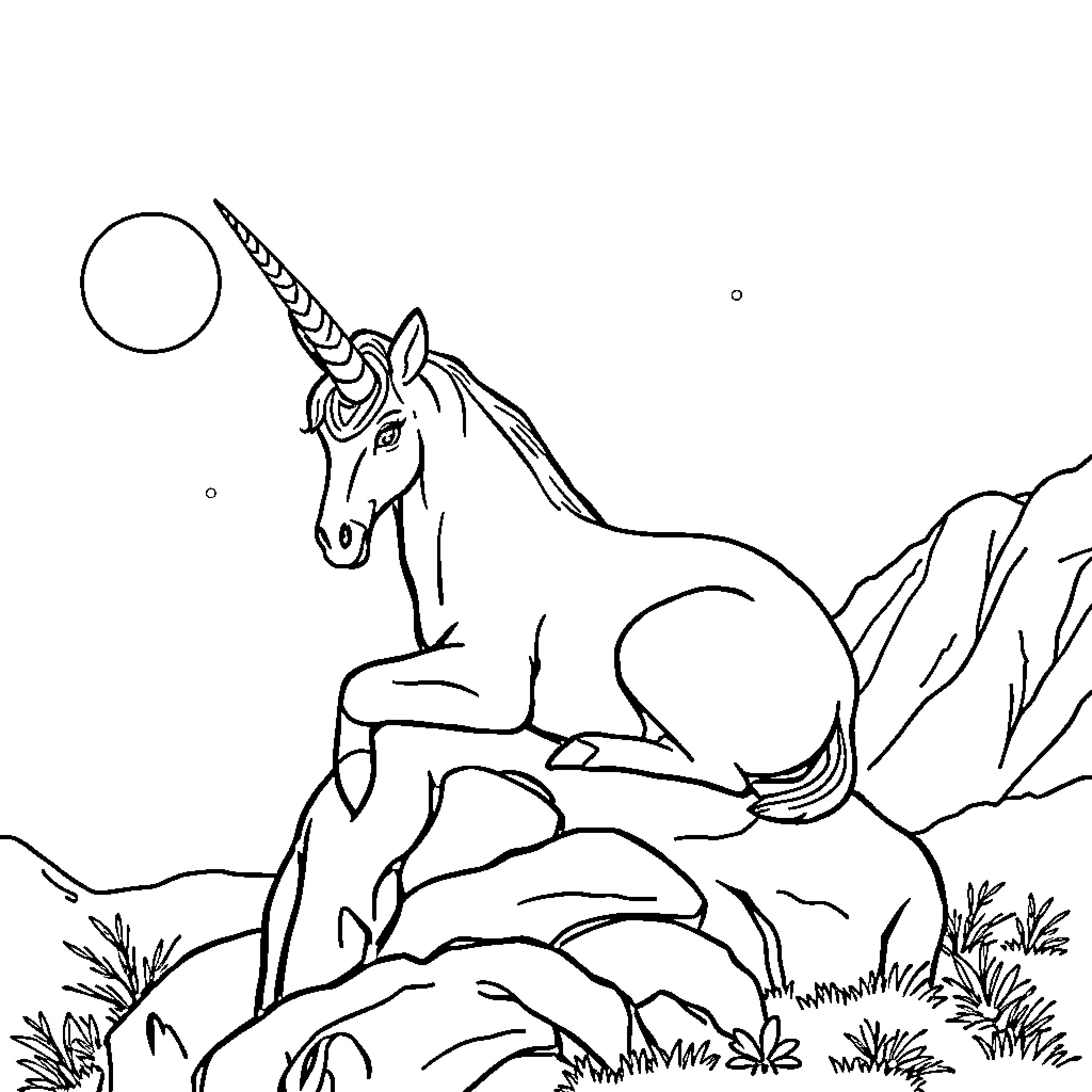 Mermaid unicorn resting in a magical landscape Coloring Page (free black-and-white line drawing printable PDF for all, from beginners to advanced learners, including children, teens, adults, and seniors)