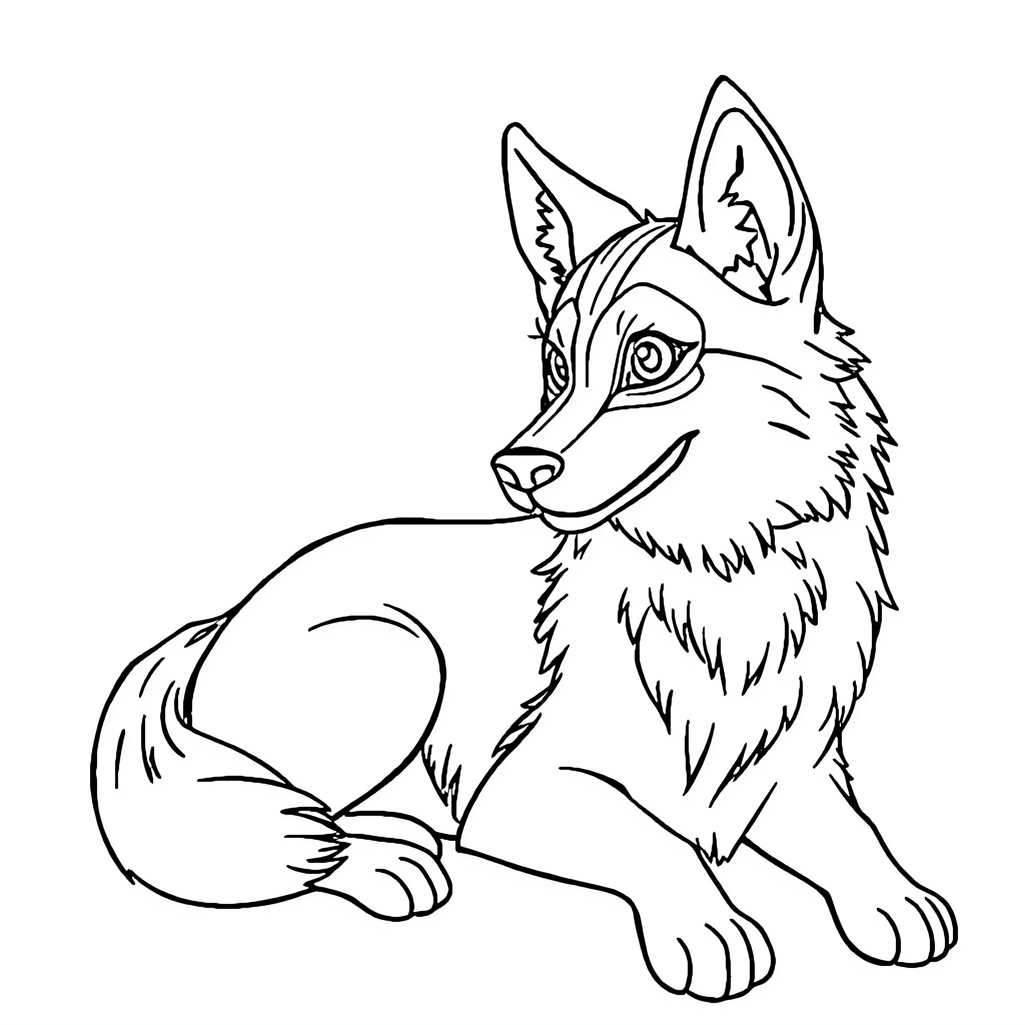 Wolf sitting with alert expression Coloring Page (free black-and-white line drawing printable PDF for all, from beginners to advanced learners, including children, teens, adults, and seniors)