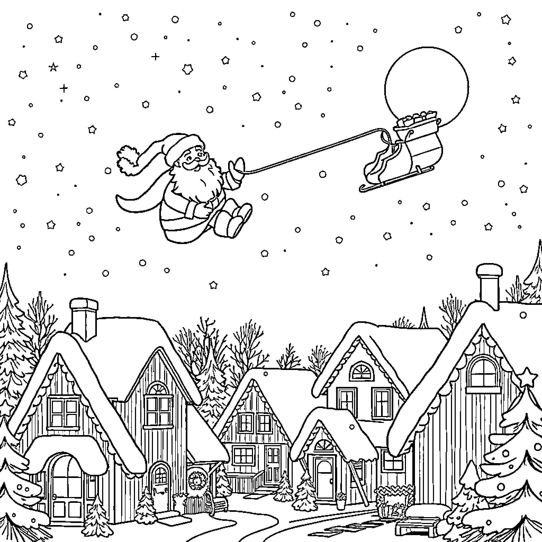 Santa Claus flying over a snowy village with his sleigh Coloring Page (free black-and-white line drawing printable PDF for all, from beginners to advanced learners, including children, teens, adults, and seniors)