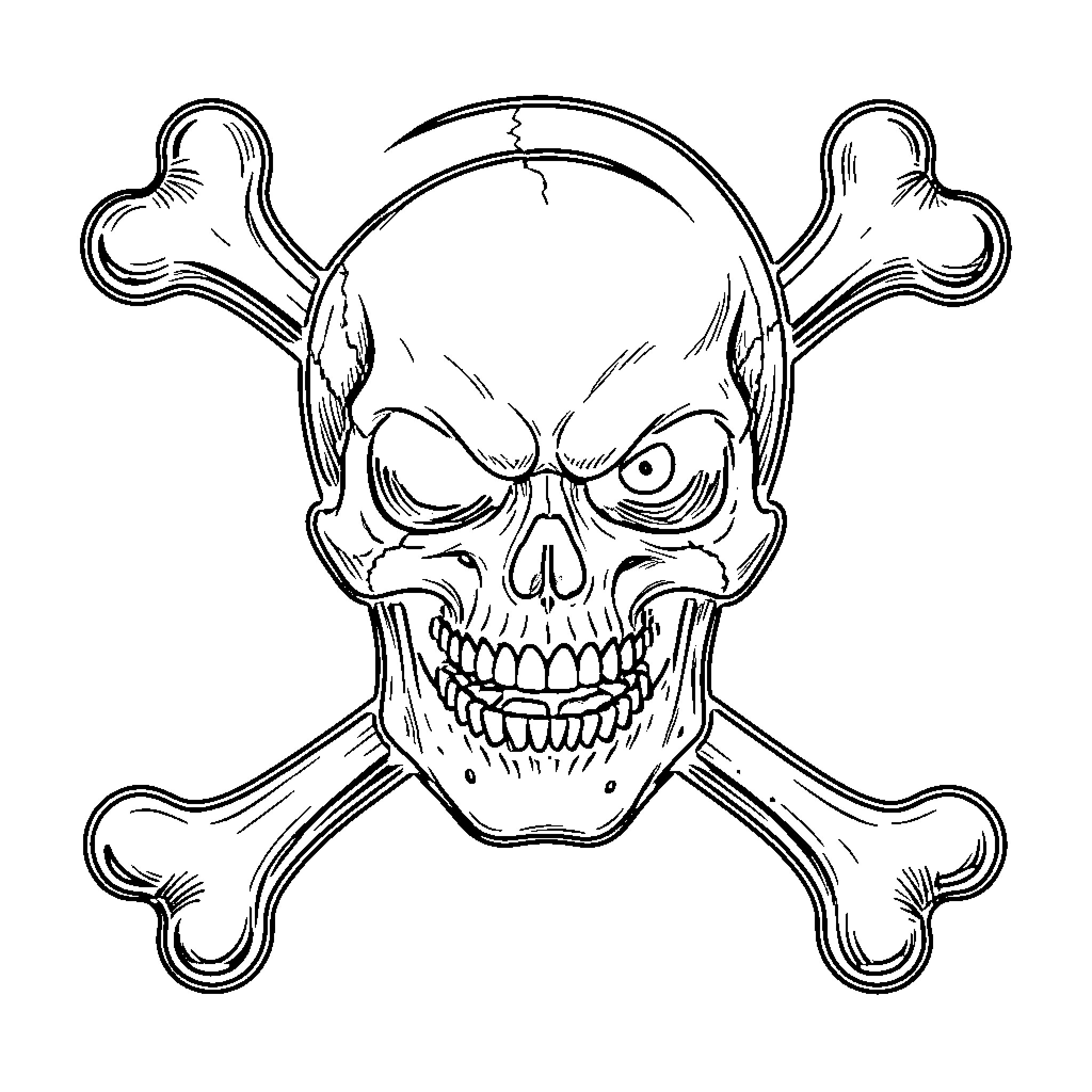 Skull and Crossbones with an angry expression Coloring Page (free black-and-white line drawing printable PDF for all, from beginners to advanced learners, including children, teens, adults, and seniors)