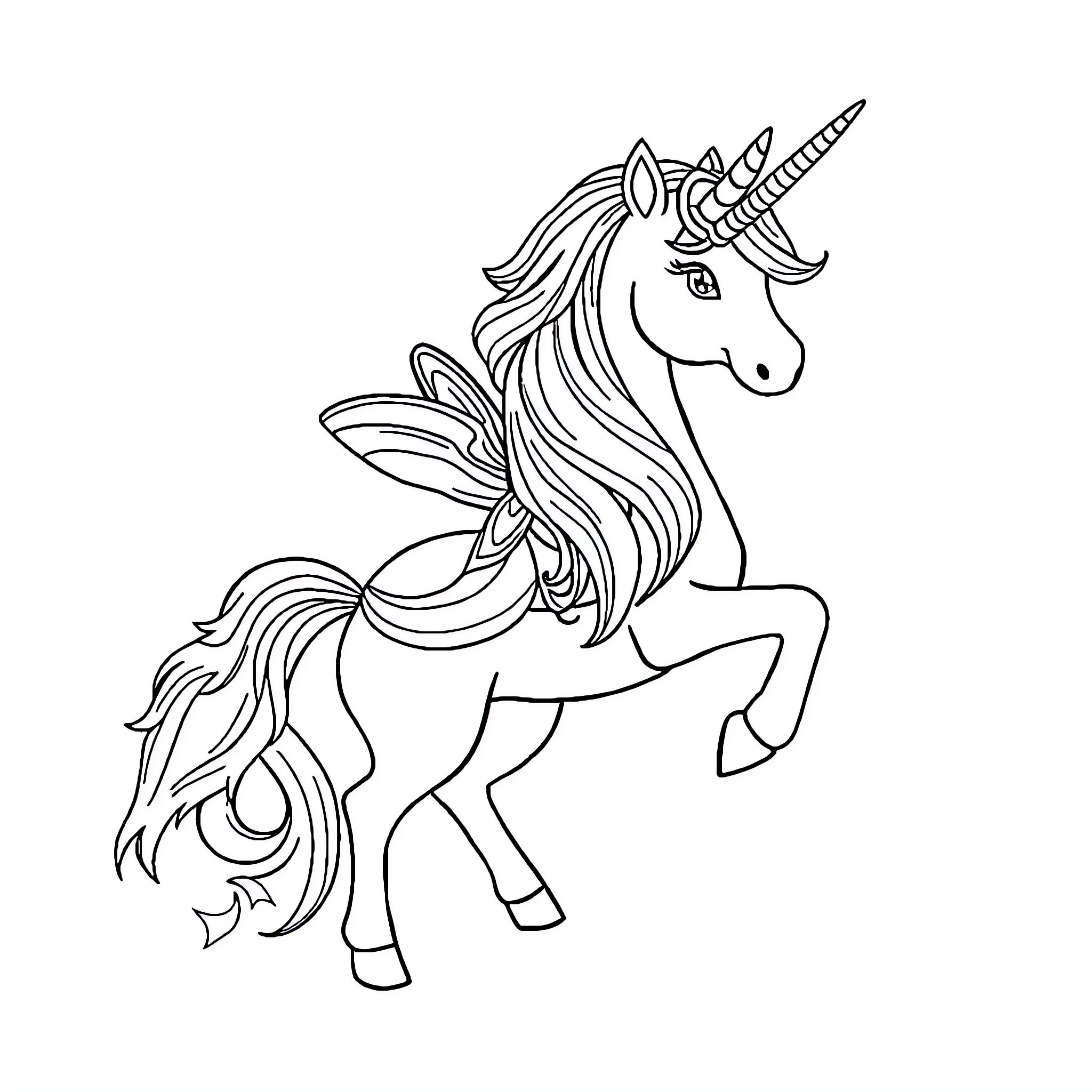 Unicorn prancing with flowing mane and horn Coloring Page (free black-and-white line drawing printable PDF for all, from beginners to advanced learners, including children, teens, adults, and seniors)